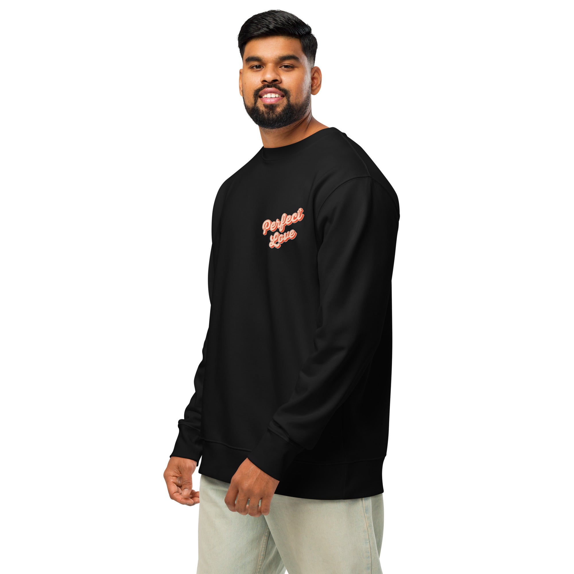 Image of Perfect Love Christian sweatshirt black left front view — Entrusted to Him