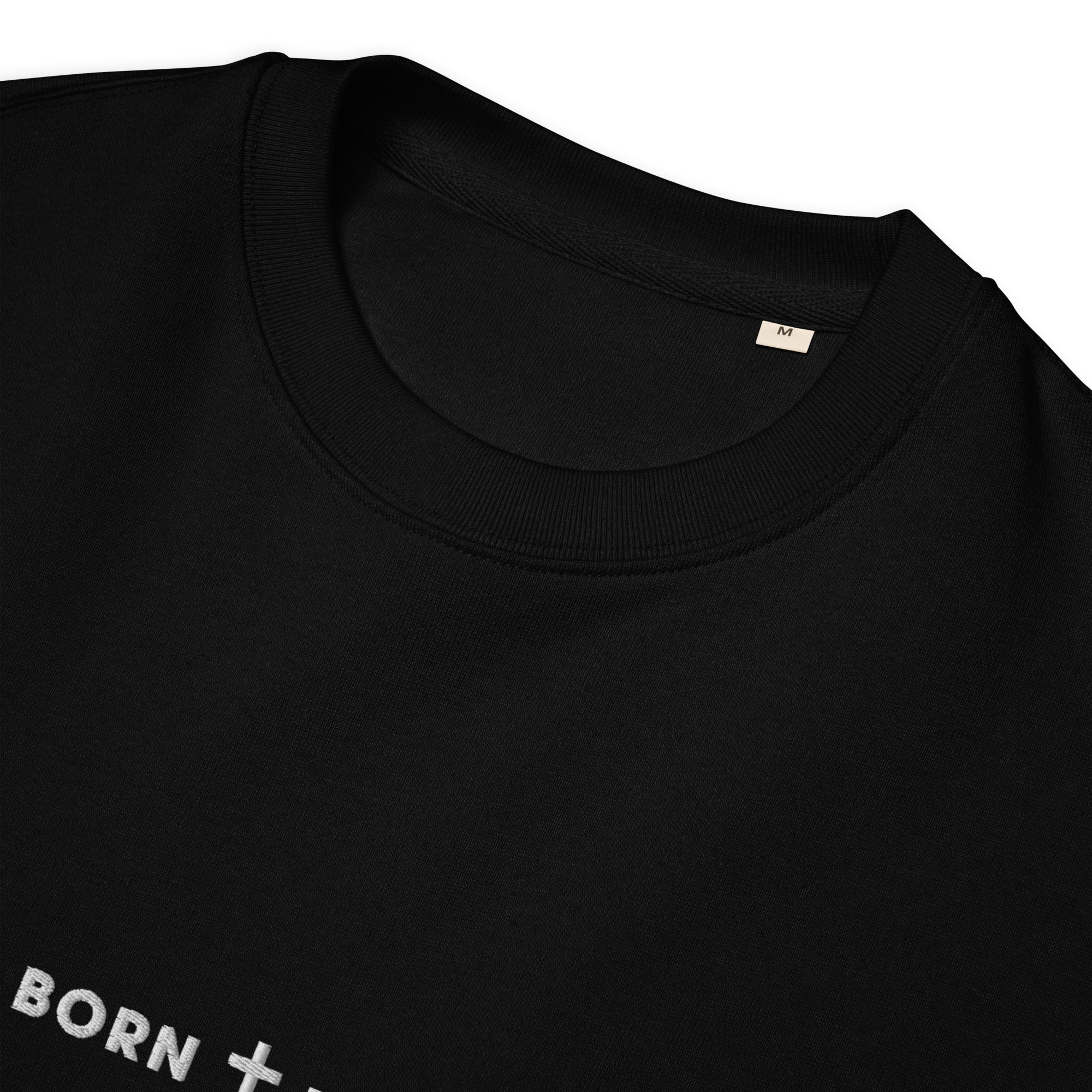 Image of Born Twice scripture sweatshirt black embroidery detail view — Entrusted to Him