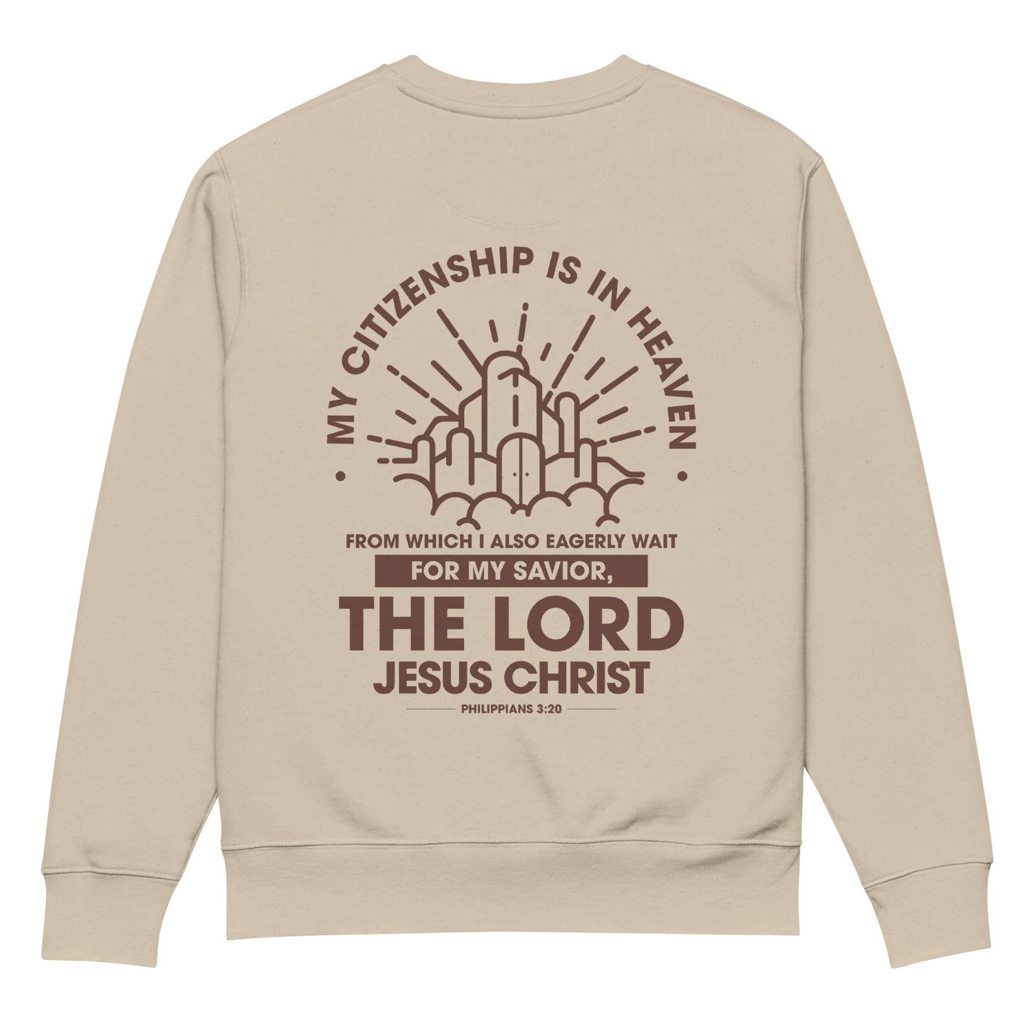 Image of Citizen of Heaven organic faith sweatshirt desert dust back view — Entrusted to Him