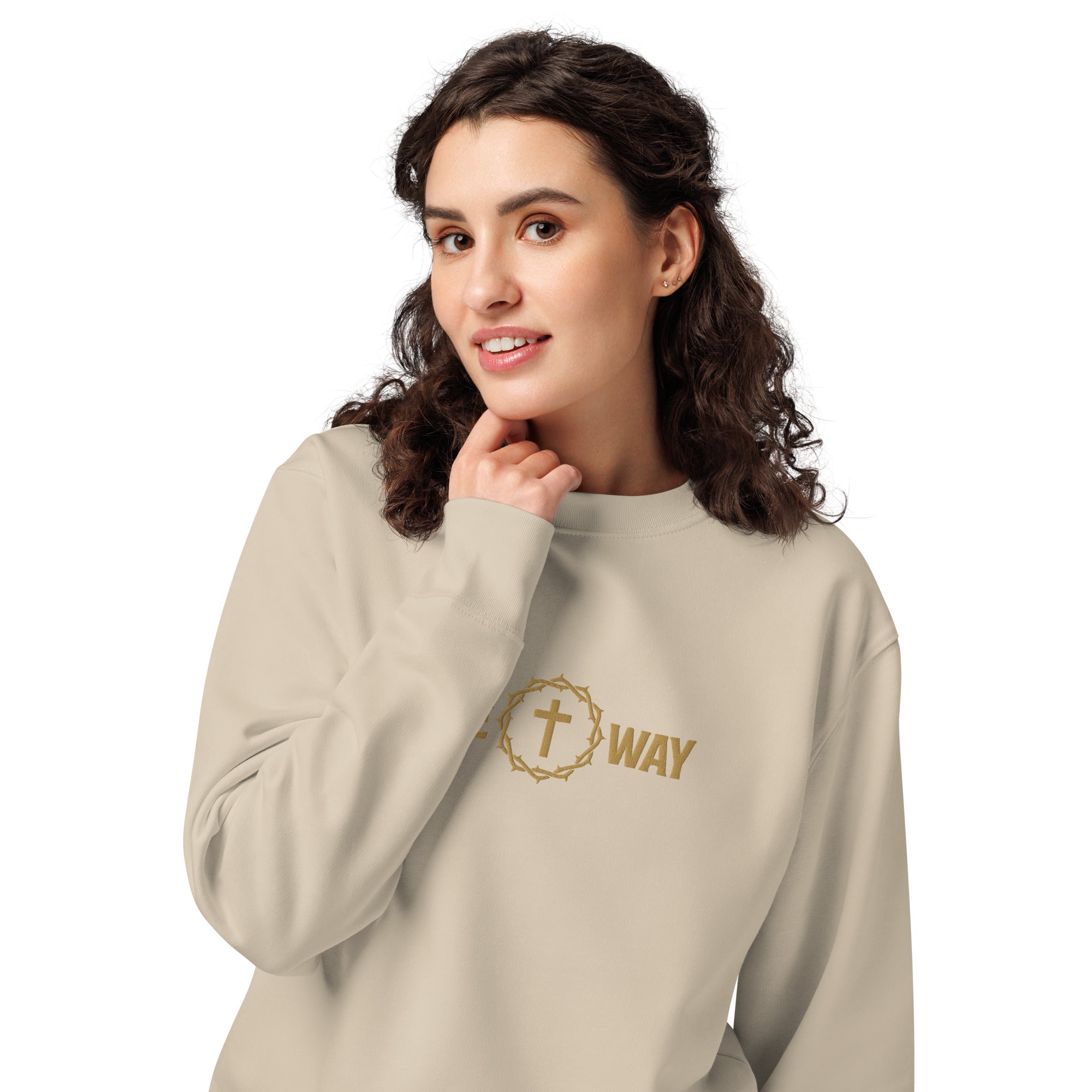 Image of One Way Christian sweatshirt desert dust front lifestyle view — Entrusted to Him faith apparel
