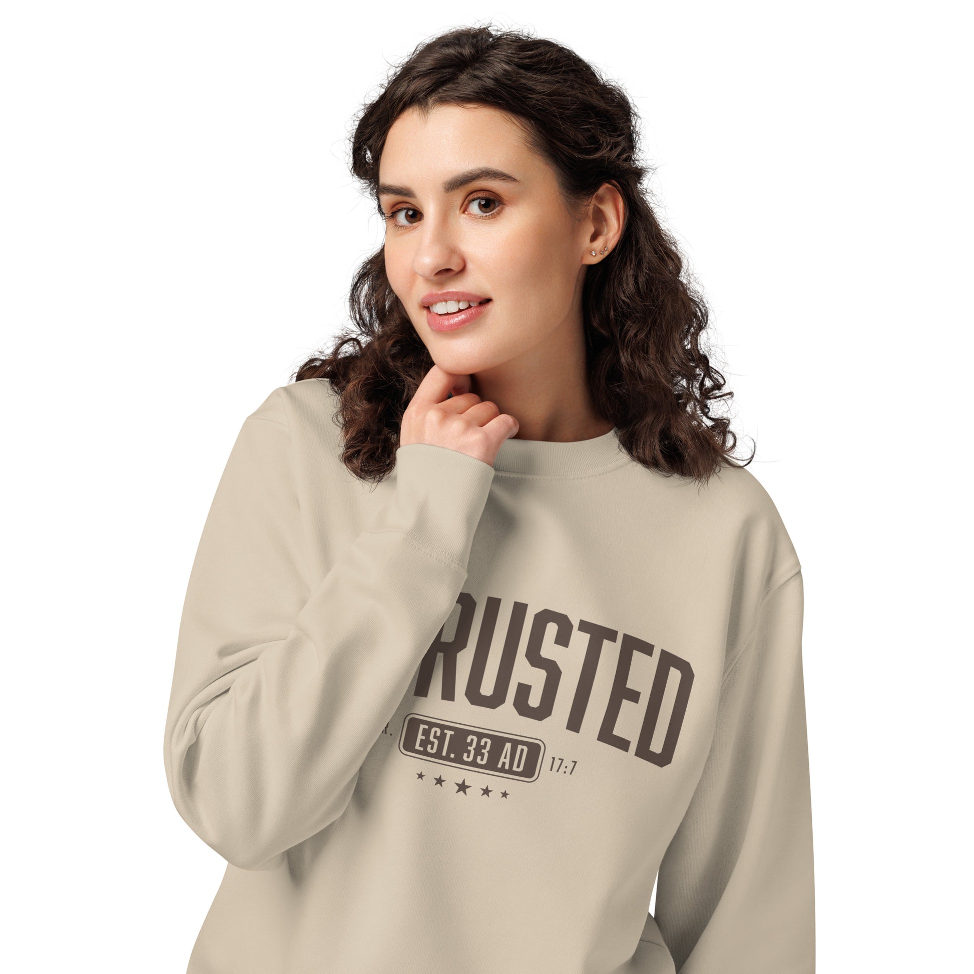 Entrusted Est. 33AD Christian sweatshirt desert dust front alternate view — Entrusted to Him