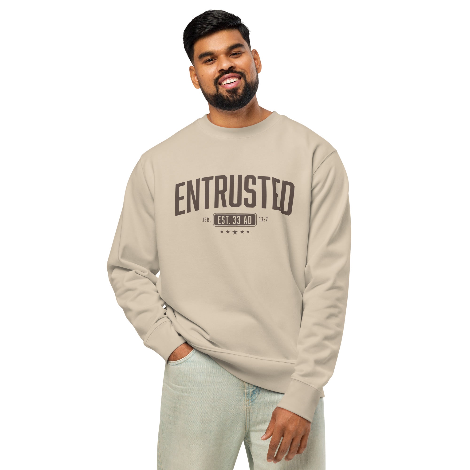 Image of Entrusted Est. 33AD faith sweatshirt desert dust front detail — Entrusted to Him