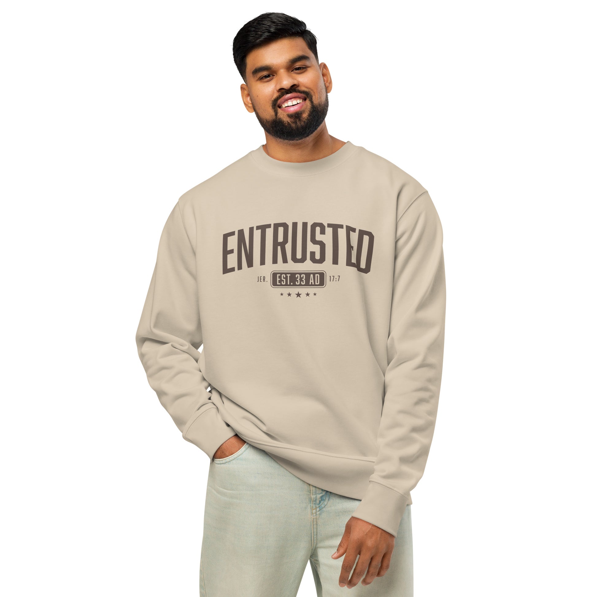 Entrusted Est. 33AD faith sweatshirt desert dust front detail — Entrusted to Him