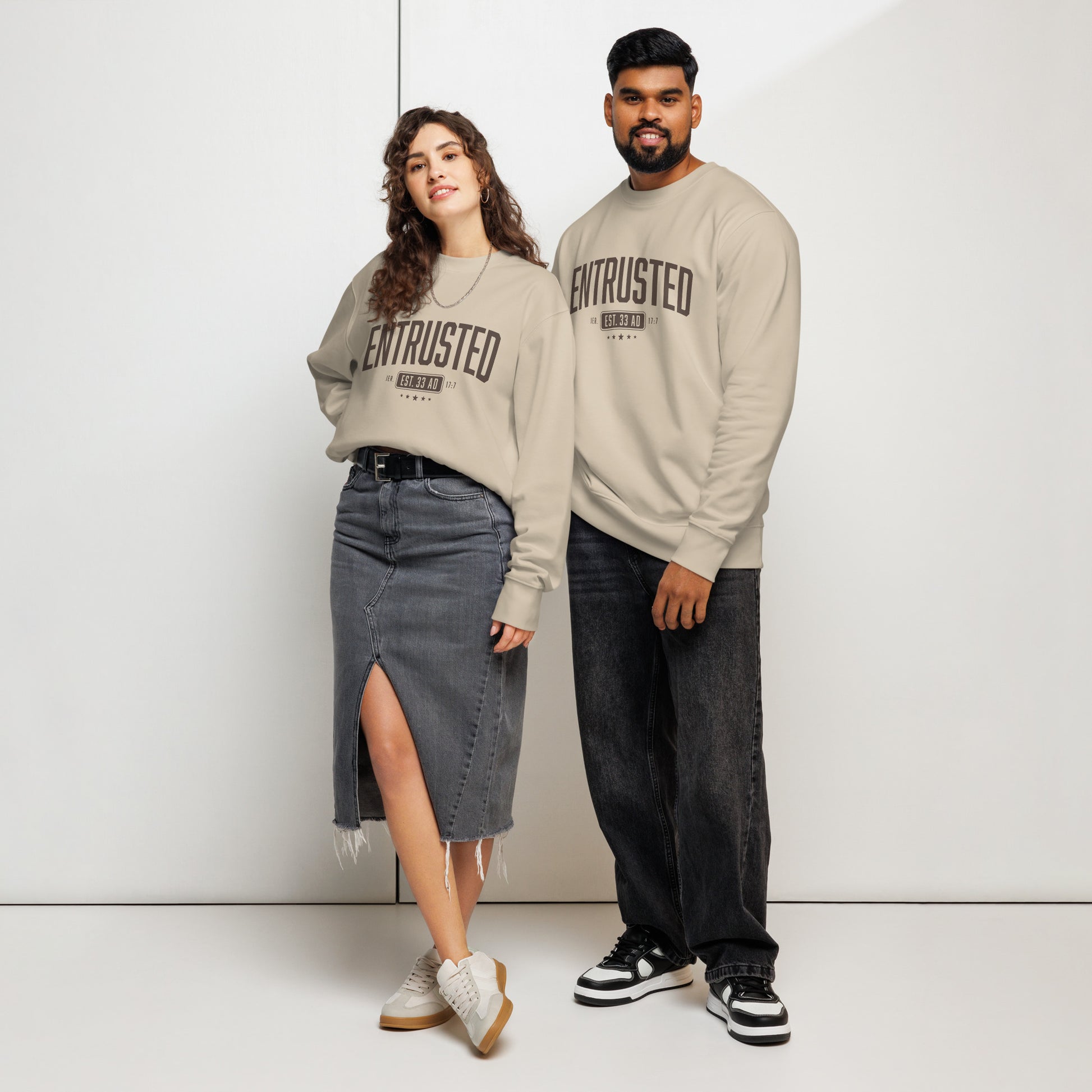 Entrusted Est. 33AD Christian sweatshirt desert dust lifestyle view — Entrusted to Him