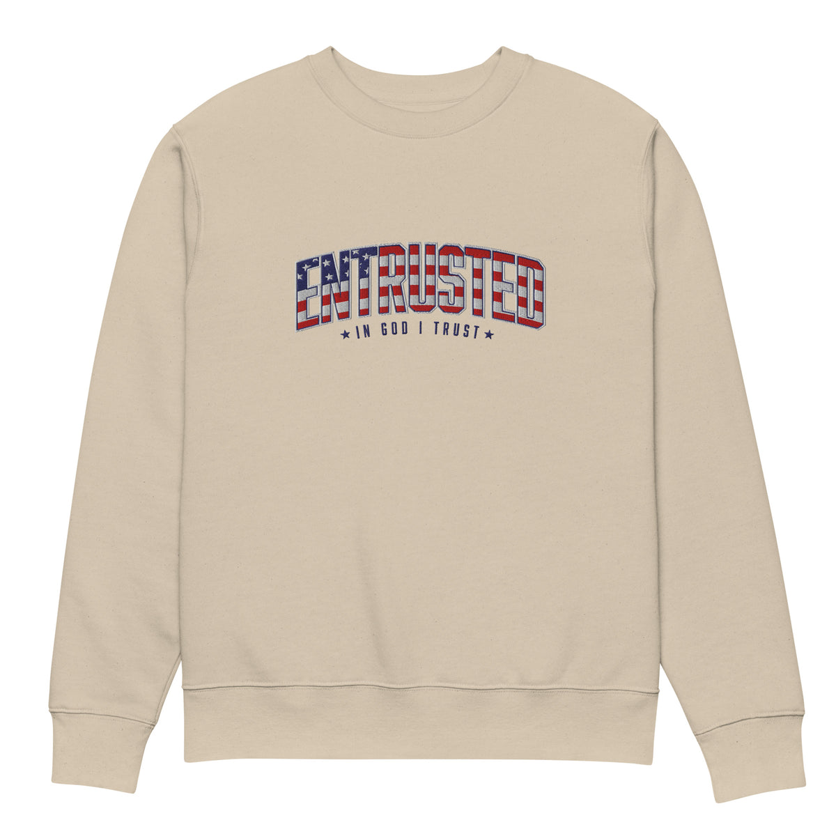 Entrusted Patriotic Premium Embroidered Sweatshirt in Desert Dust, front view with American flag In God I Trust design