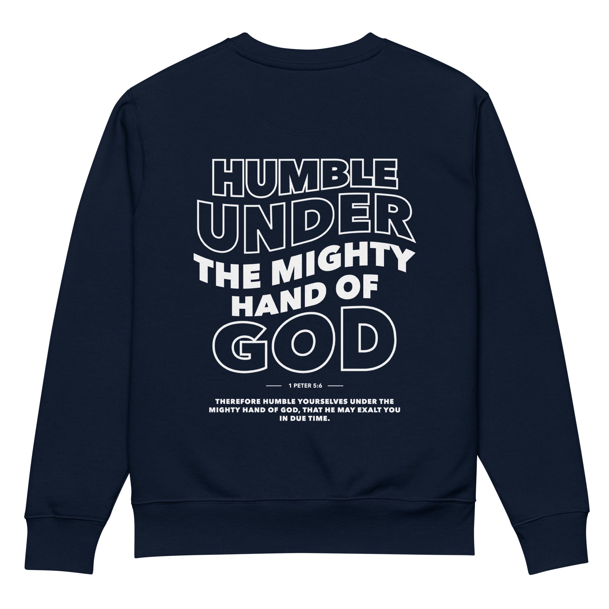 Image of Humble Yourself scripture sweatshirt french navy back view — Entrusted to Him