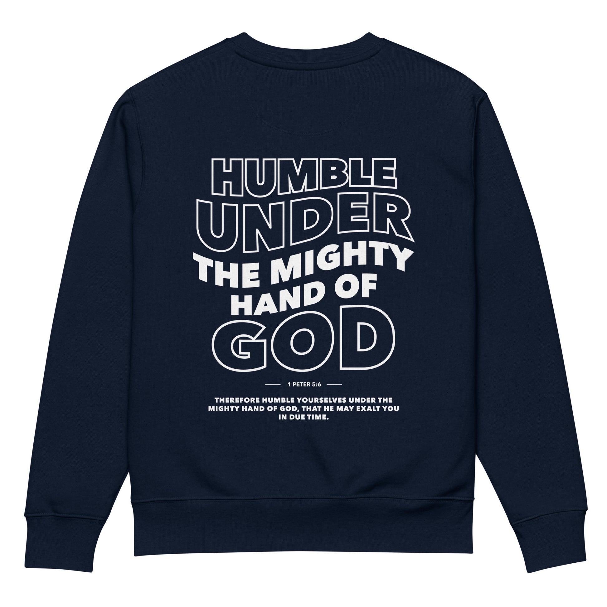 Humble Yourself scripture sweatshirt french navy back view — Entrusted to Him