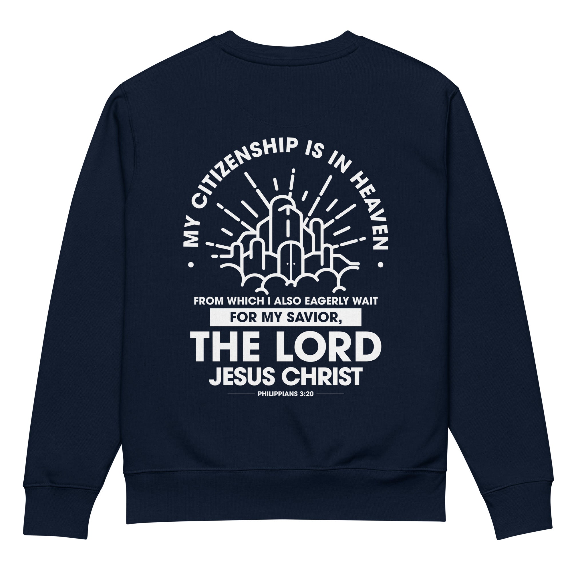 Image of Citizen of Heaven scripture sweatshirt french navy back view — Entrusted to Him