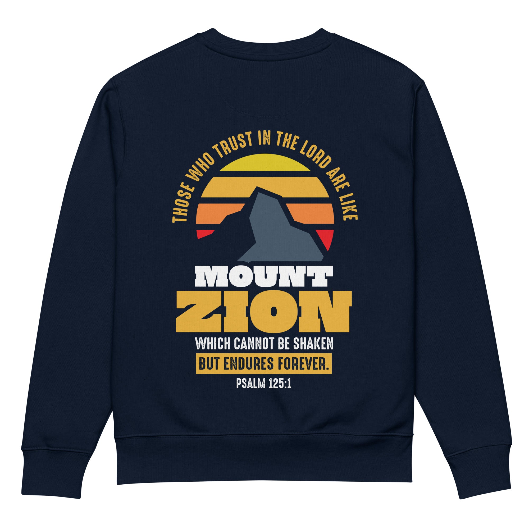 Image of Mount Zion Christian sweatshirt french navy back view — Entrusted to Him