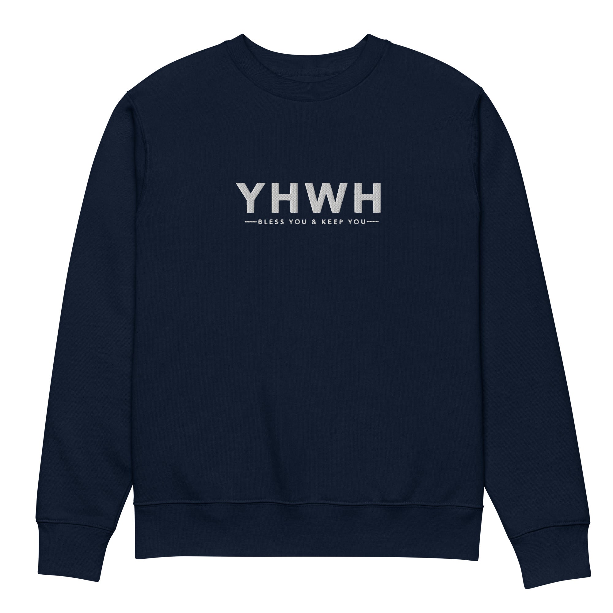 Image of YHWH Christian sweatshirt french navy front view — Entrusted to Him