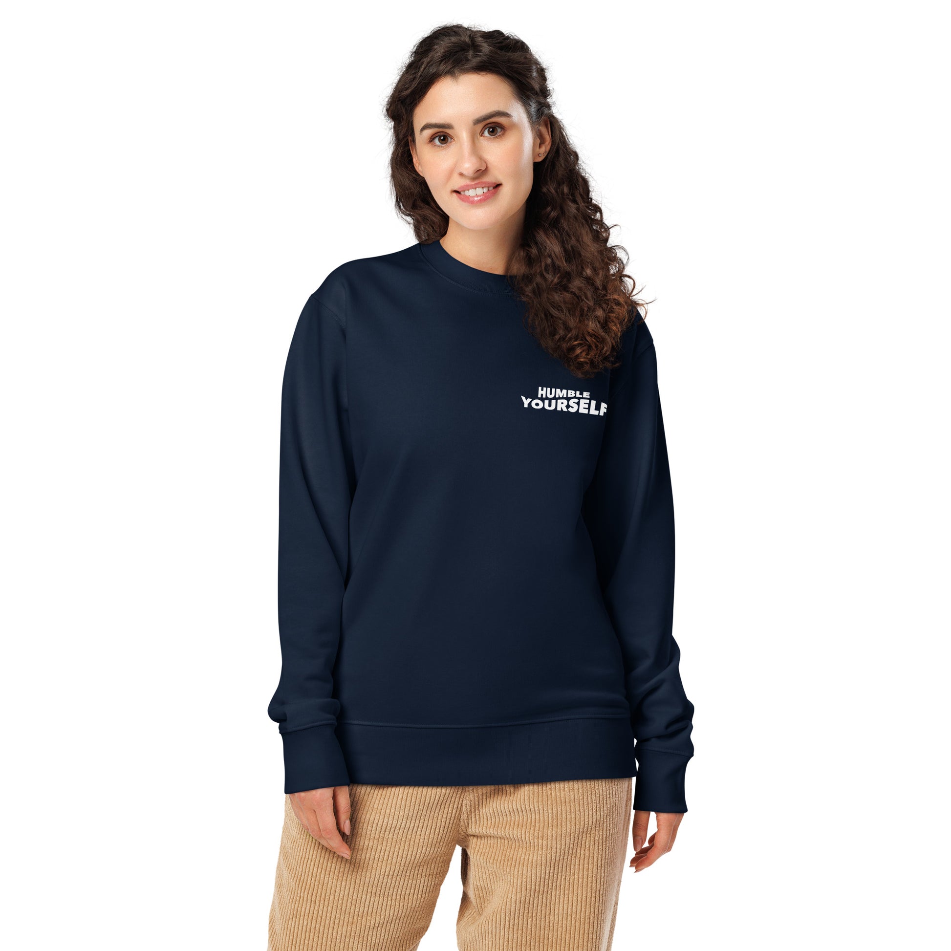  Humble Yourself Christian sweatshirt french navy front view — Entrusted to Him