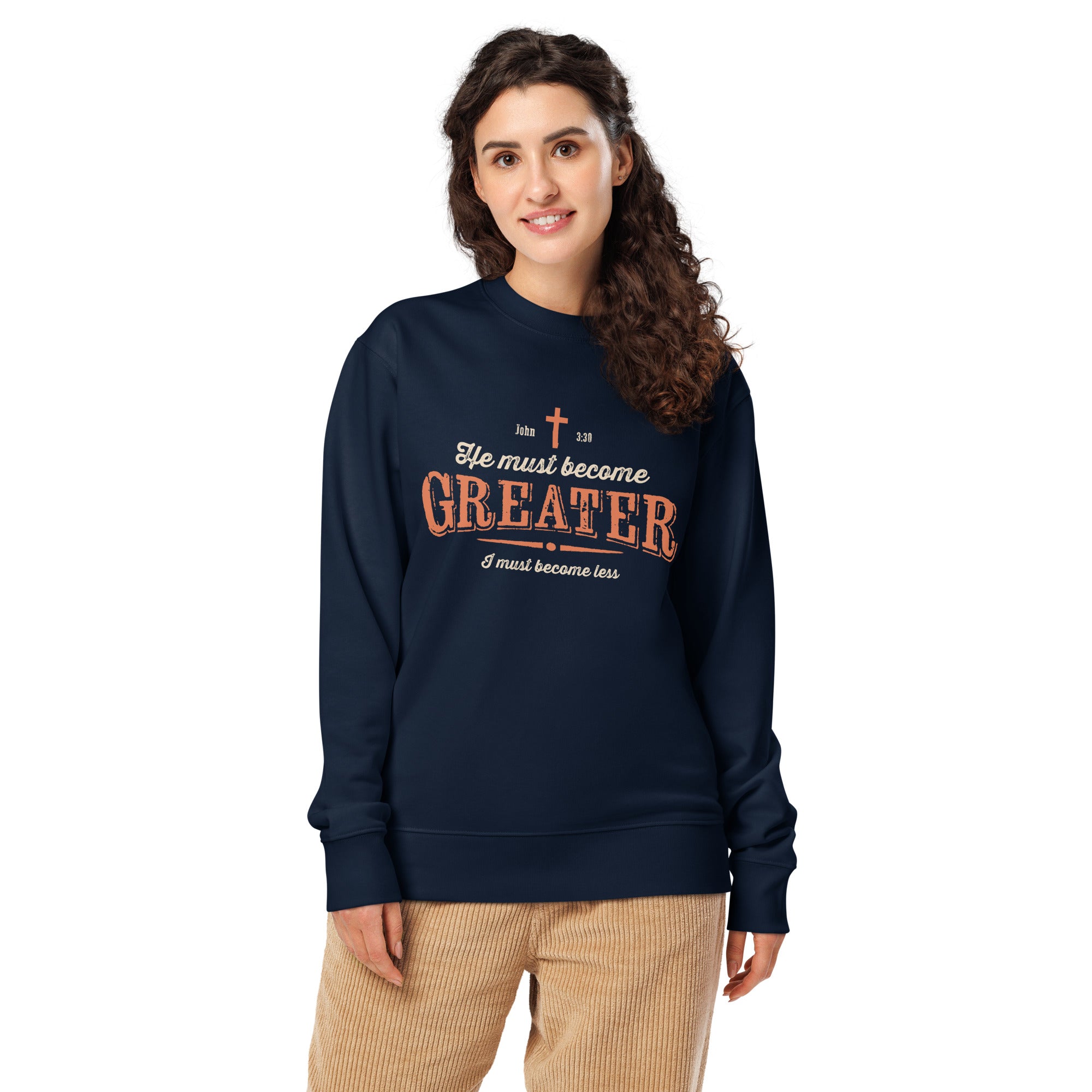 Image of Greater Christian sweatshirt french navy front detail — Entrusted to Him