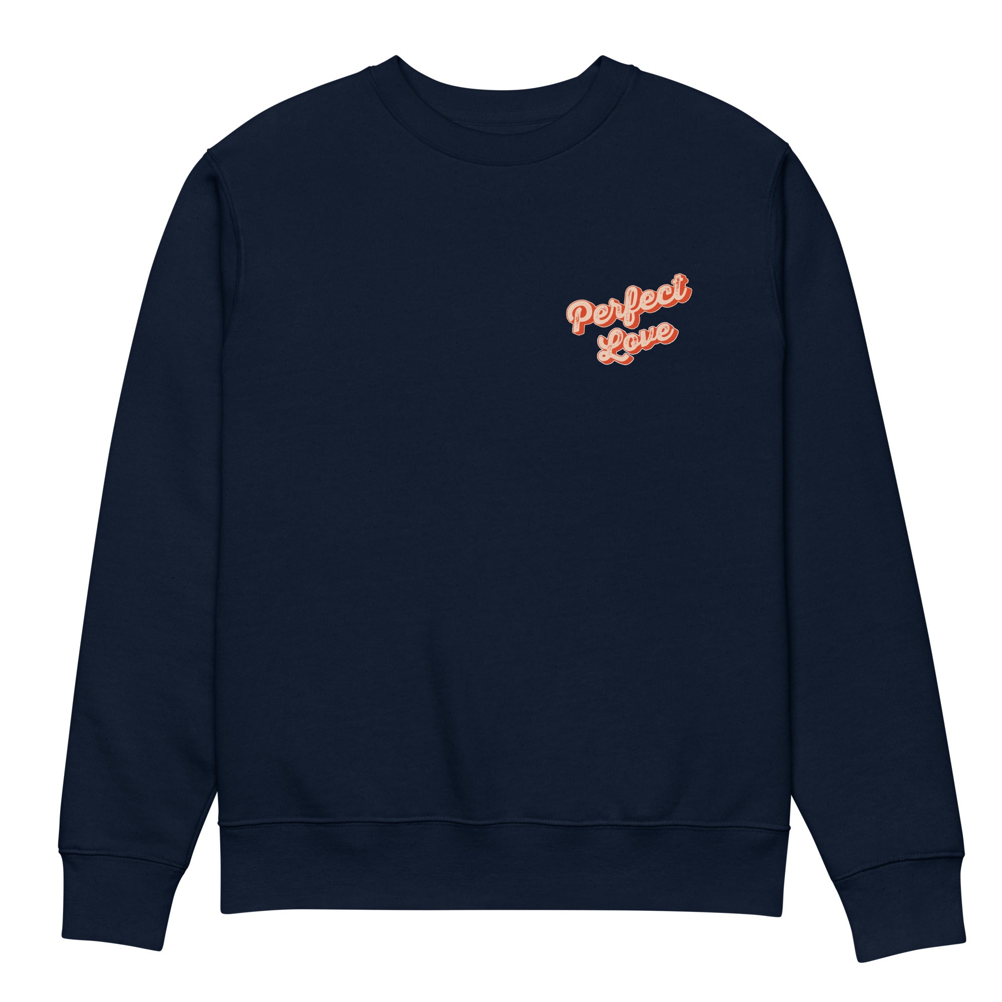 Image of Perfect Love bible verse sweatshirt french navy front view — Entrusted to Him