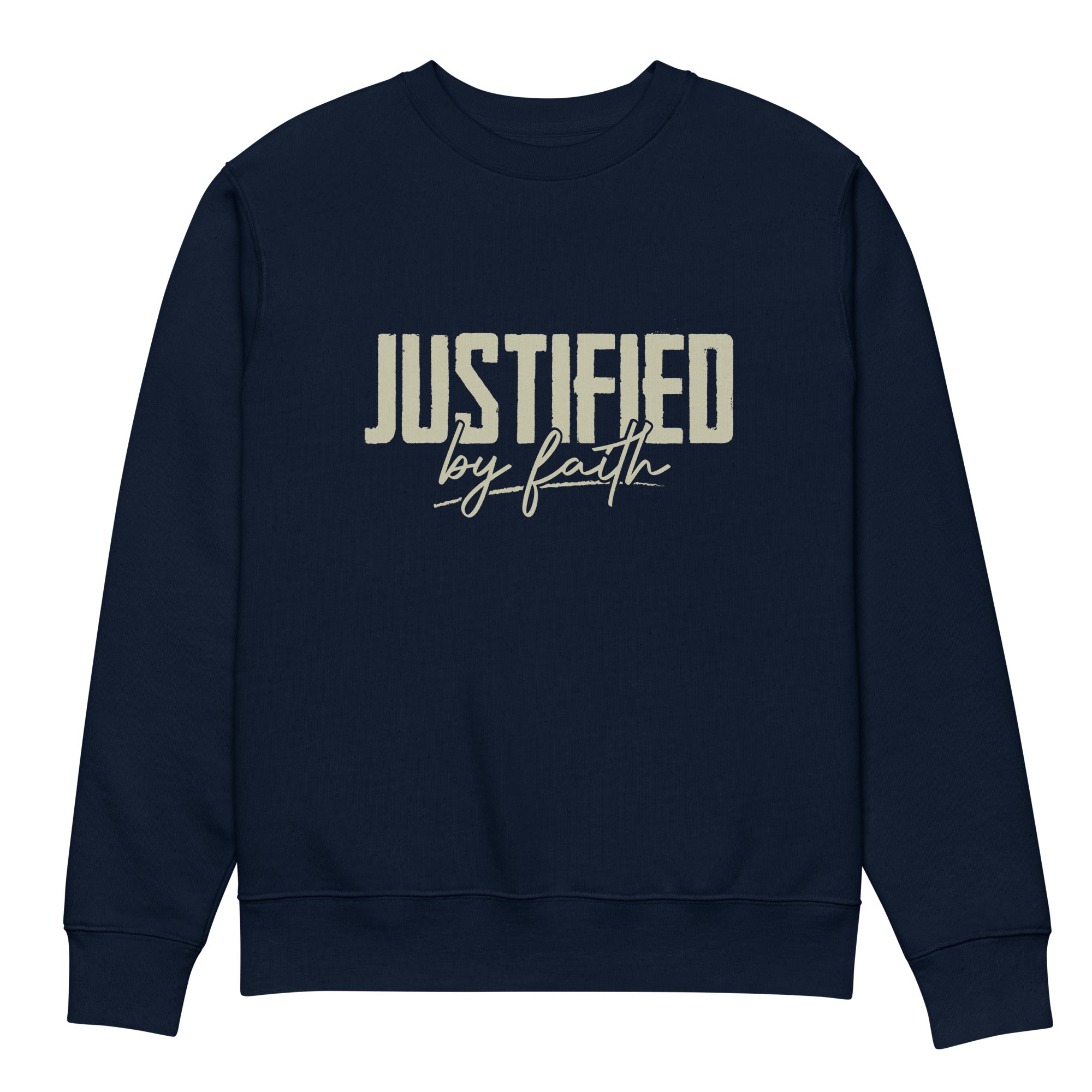 Image of Justified by Faith scripture sweatshirt french navy front view — Entrusted to Him