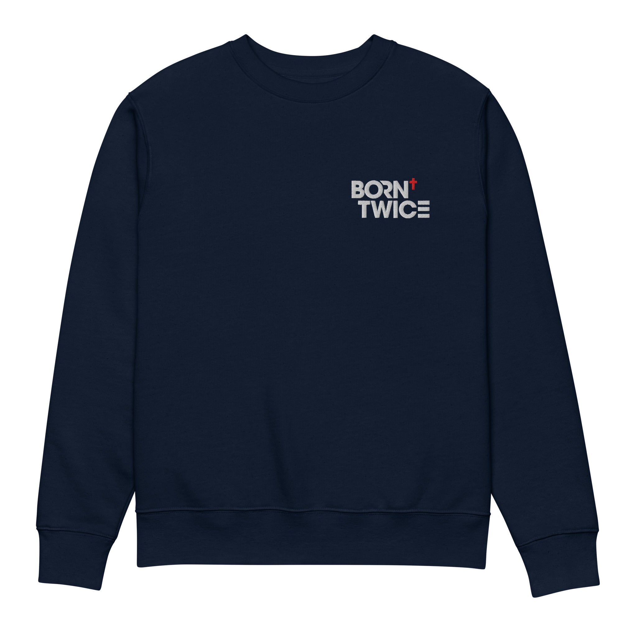 Image of Born Twice scripture sweatshirt french navy front view — Entrusted to Him