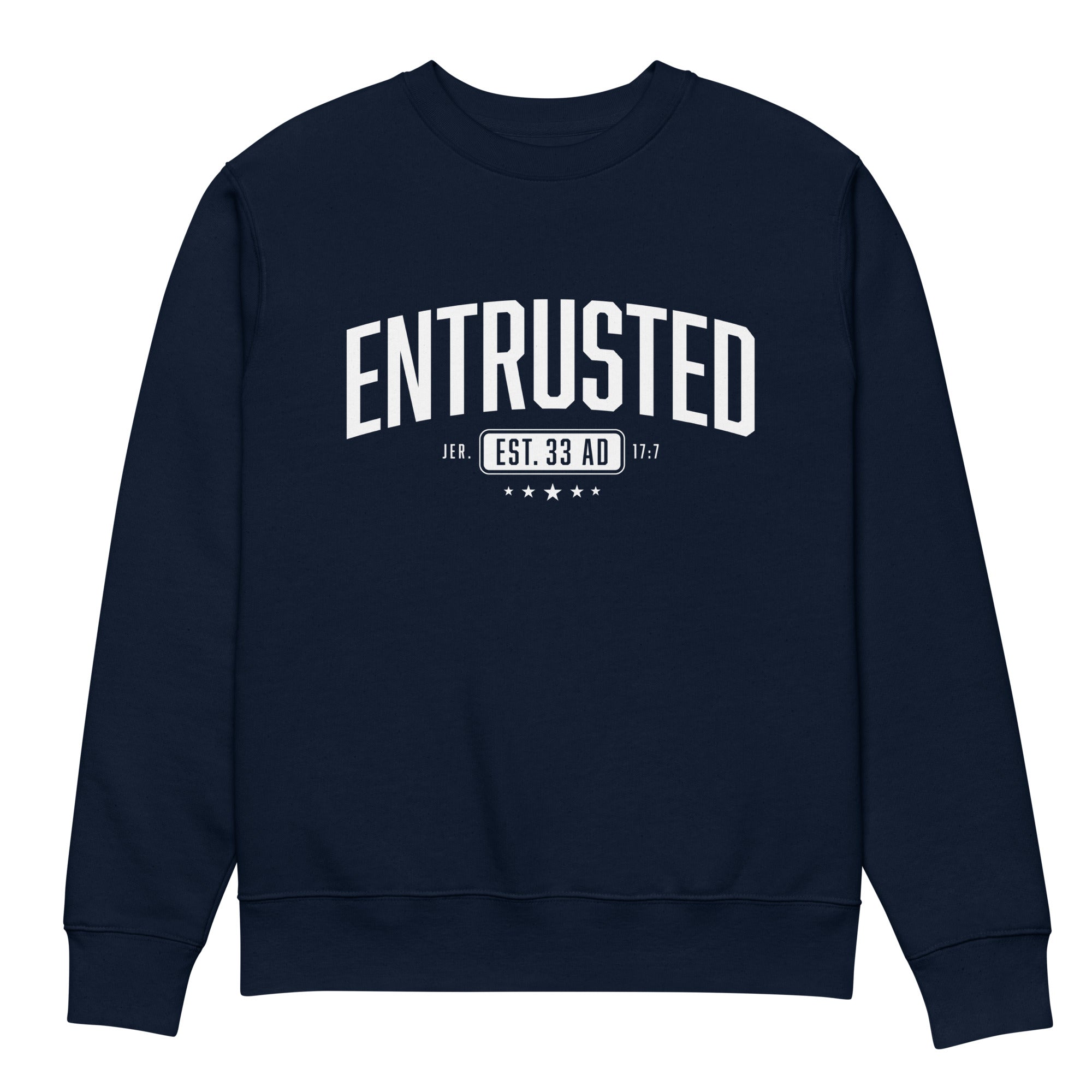 Image of Entrusted Est. 33AD faith sweatshirt french navy front view — Entrusted to Him