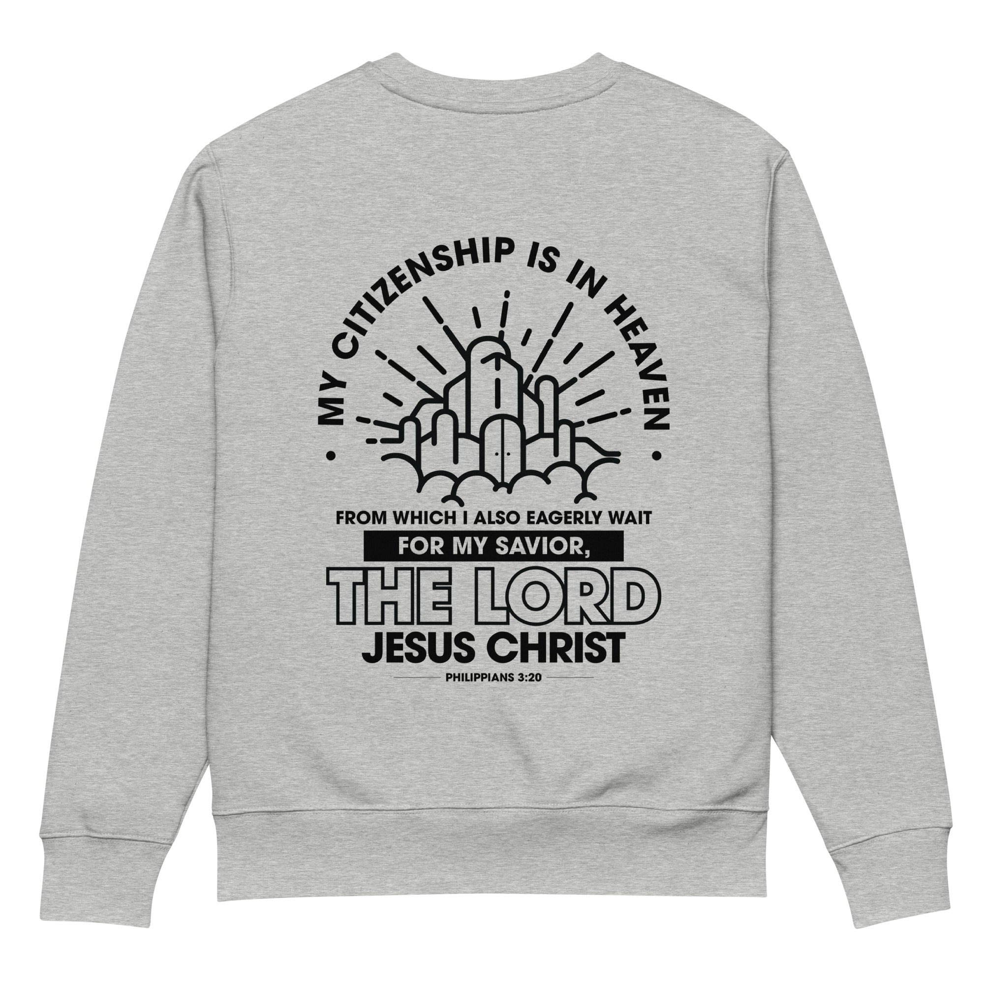Image of Citizen of Heaven scripture sweatshirt heather grey back view — Entrusted to Him