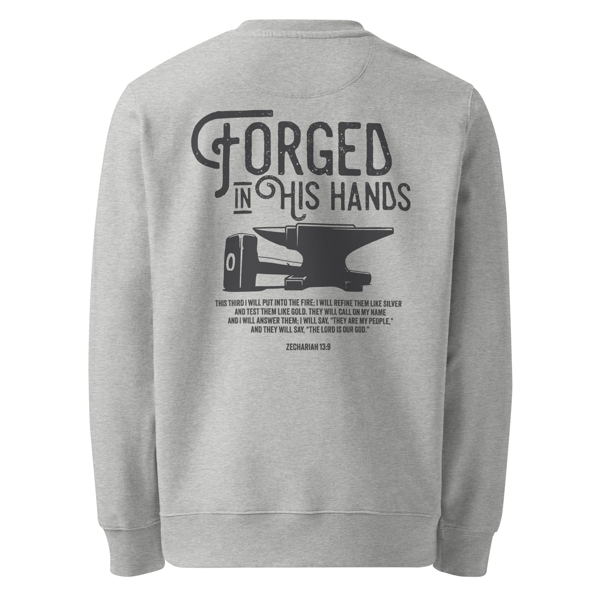 Image of Forged in His Hands Christian sweatshirt heather grey back lifestyle view — Entrusted to Him