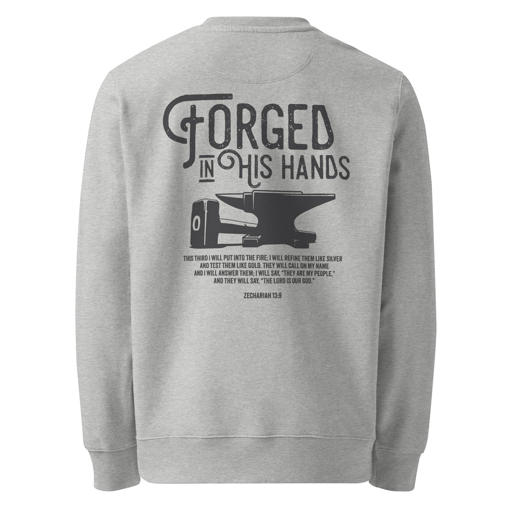 Forged in His Hands Christian sweatshirt heather grey back lifestyle view — Entrusted to Him
