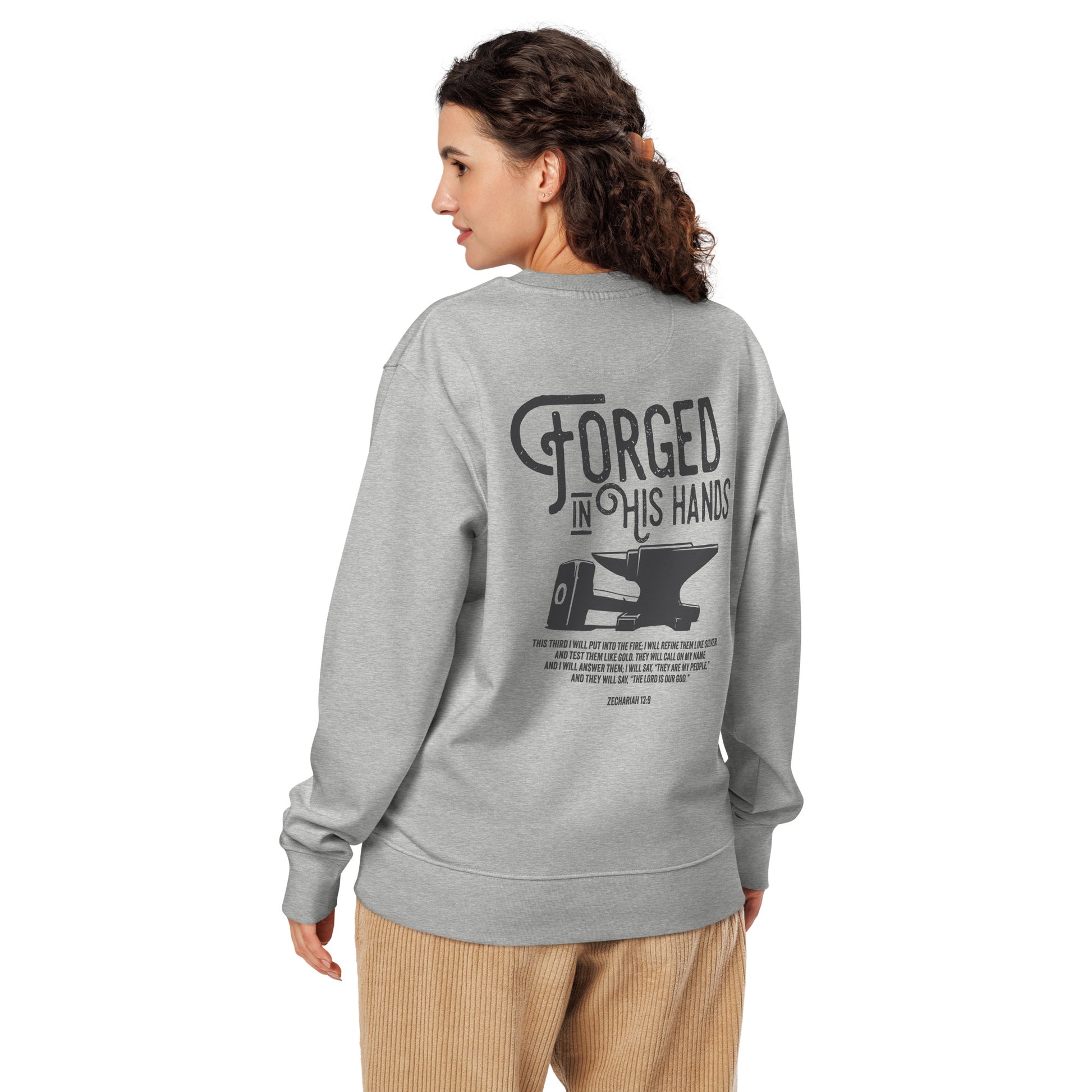 Forged in His Hands Christian sweatshirt heather grey back detail view — Entrusted to Him