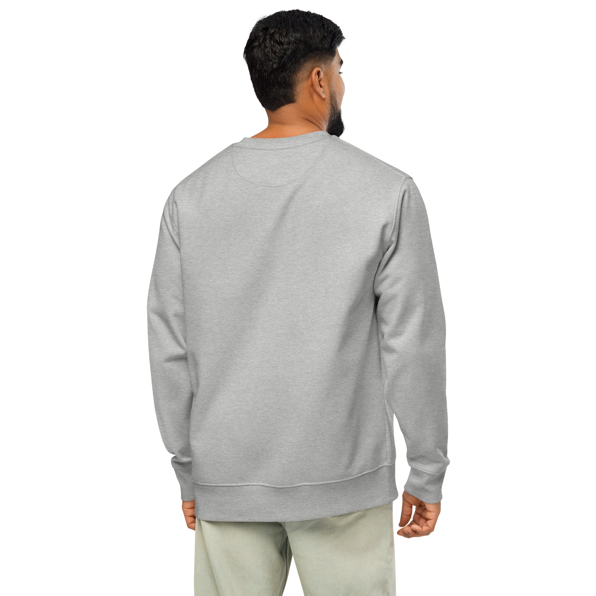 Image of Back view of a man wearing the Heather Grey Entrusted patriotic sweatshirt, relaxed fit