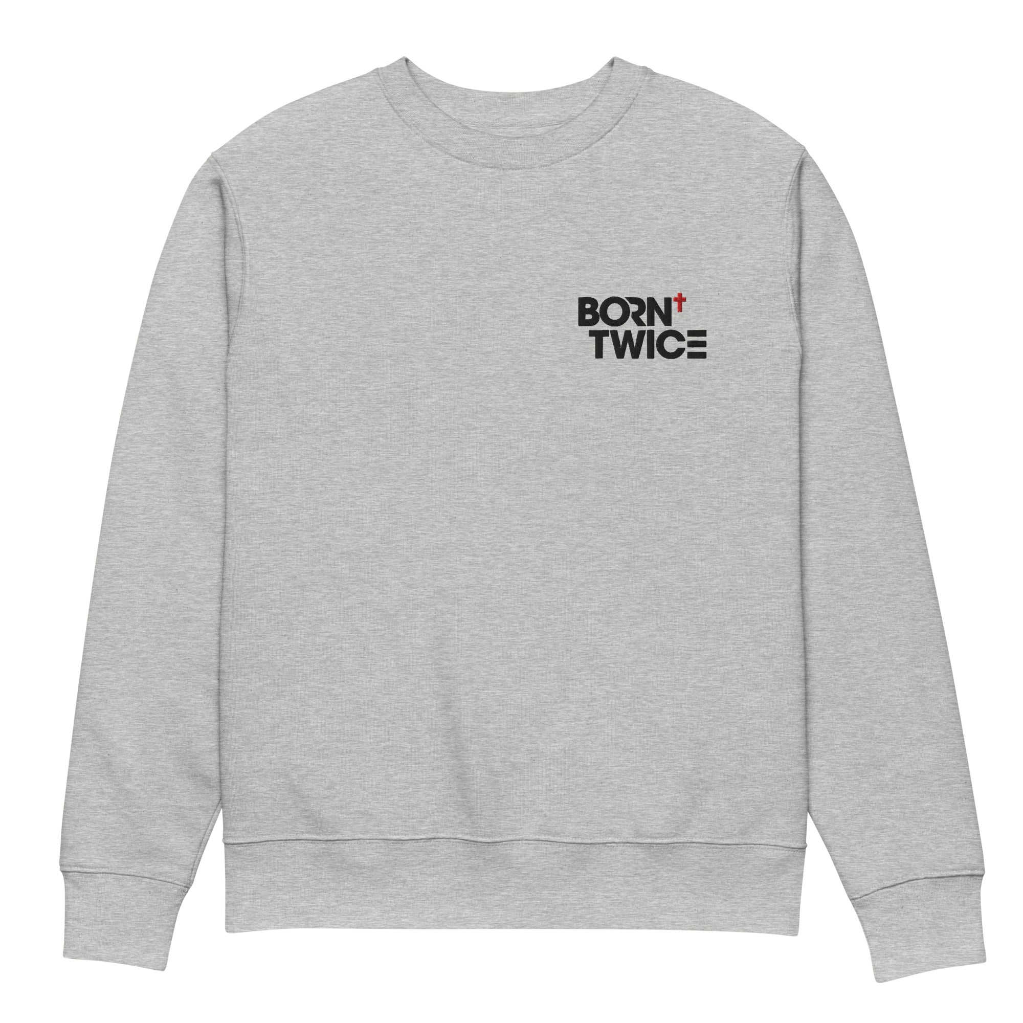 Image of Born Twice scripture sweatshirt heather grey front view — Entrusted to Him