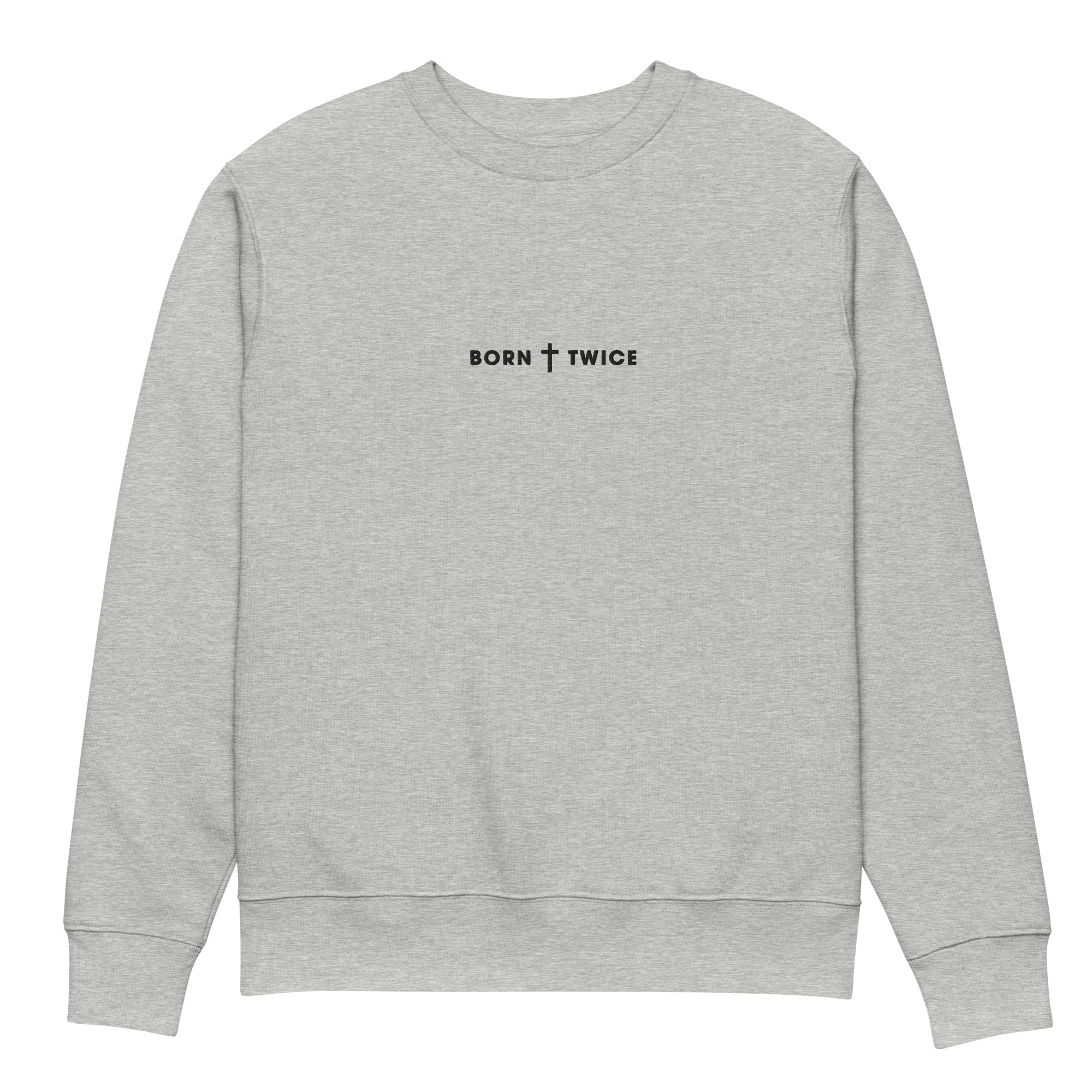 Image of Born Twice scripture sweatshirt heather grey front view — Entrusted to Him