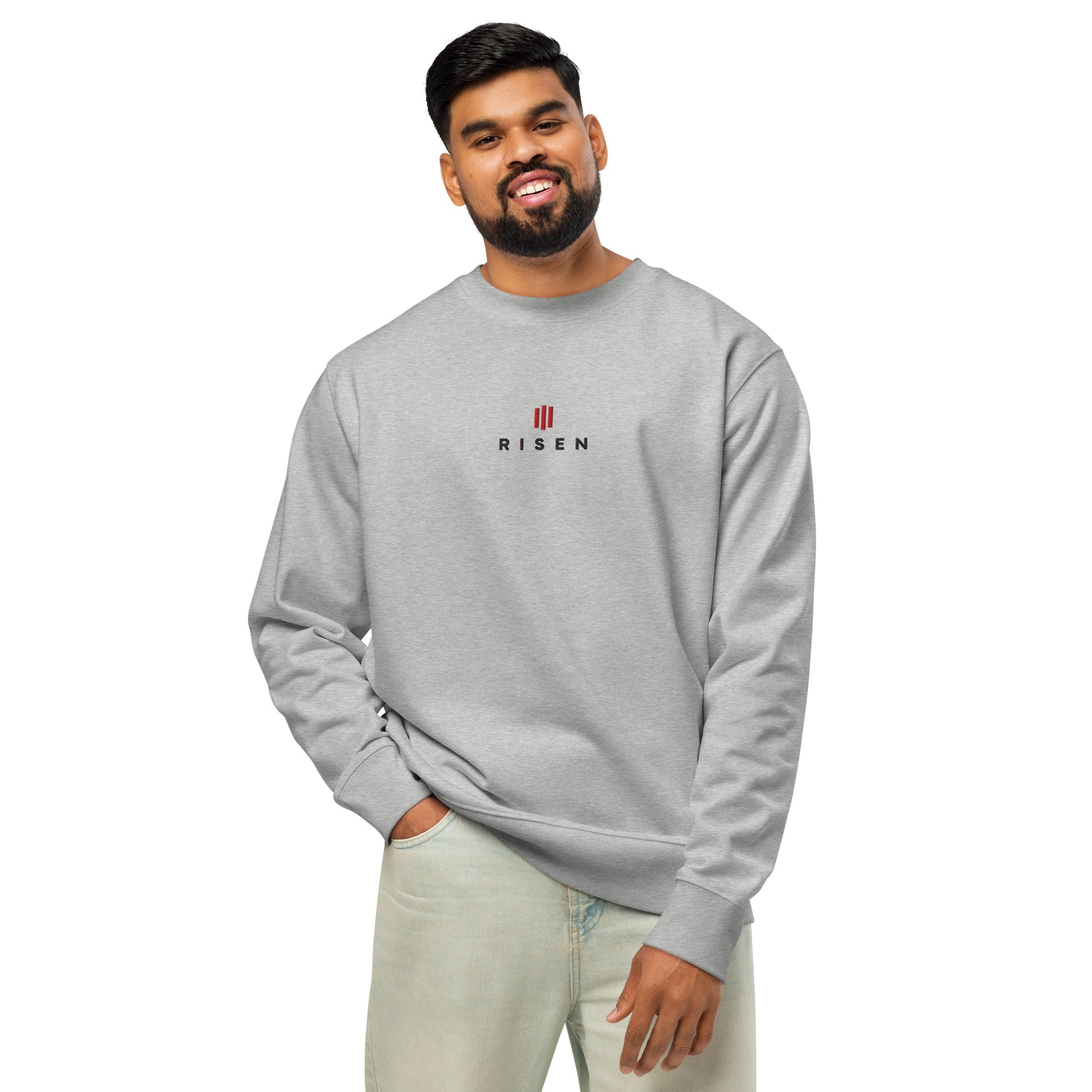 Image of Risen Luke 24:6 Christian sweatshirt heather grey front lifestyle view — Entrusted to Him