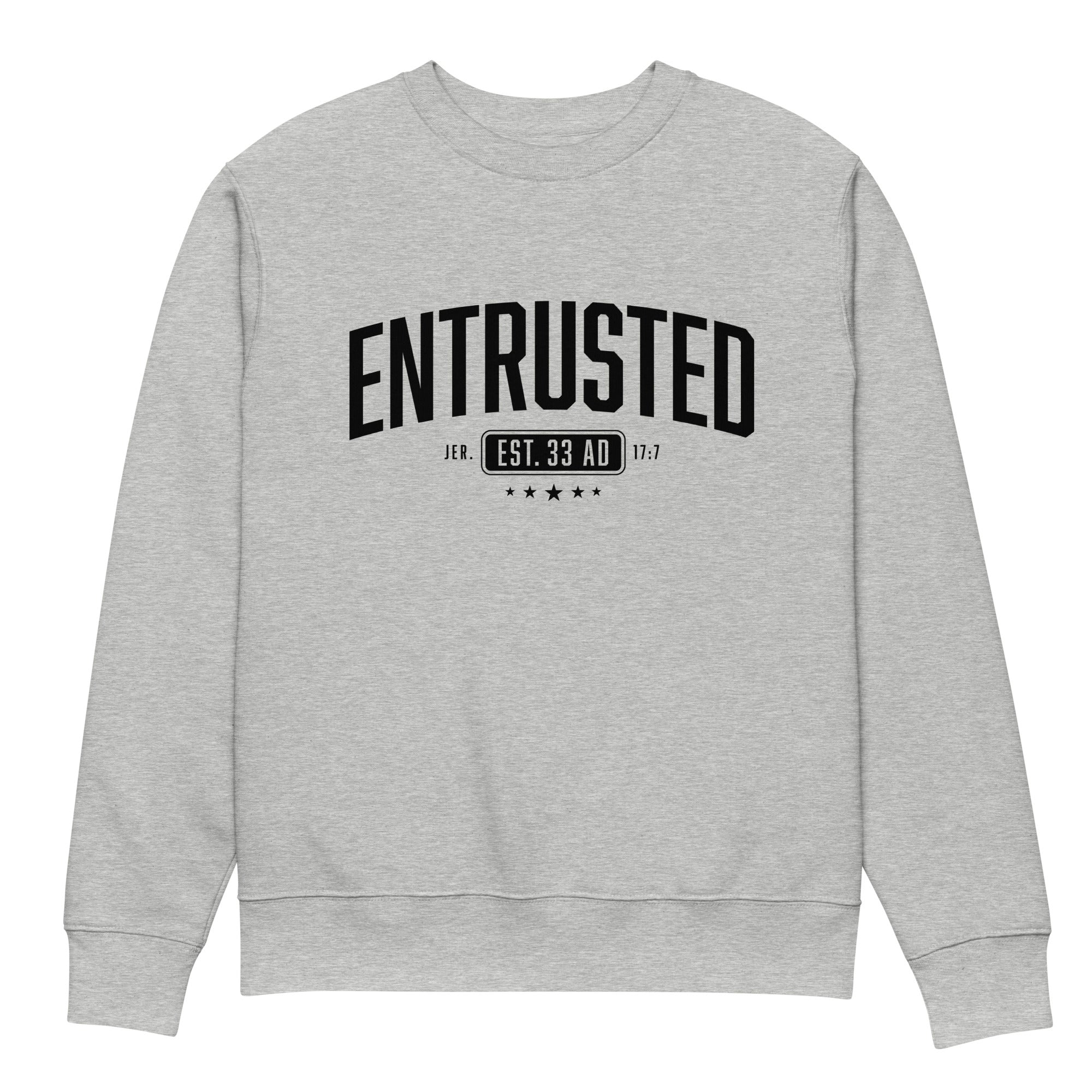 Image of Entrusted Est. 33AD Christian sweatshirt heather grey front view — Entrusted to Him