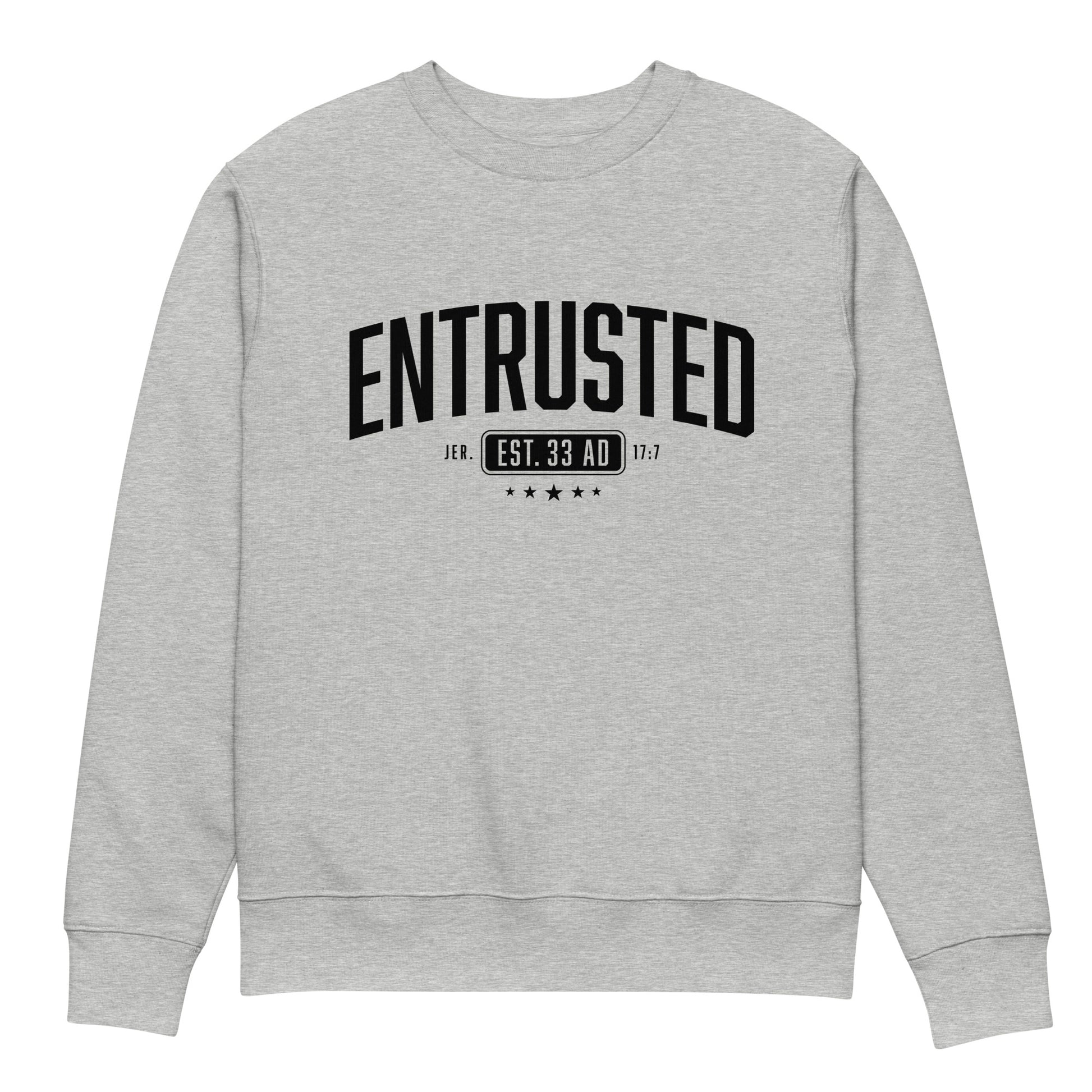 Entrusted Est. 33AD Christian sweatshirt heather grey front view — Entrusted to Him