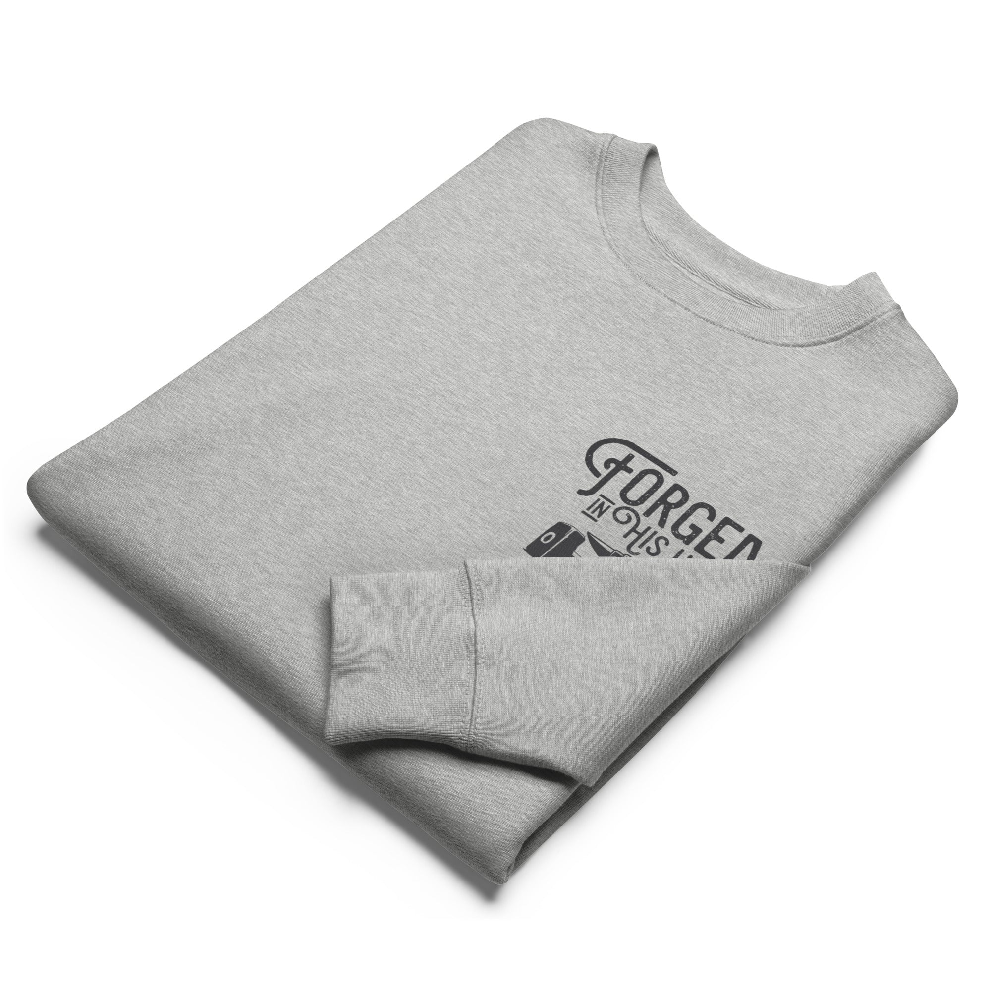 Image of Forged in His Hands scripture sweatshirt heather grey front alternate view — Entrusted to Him