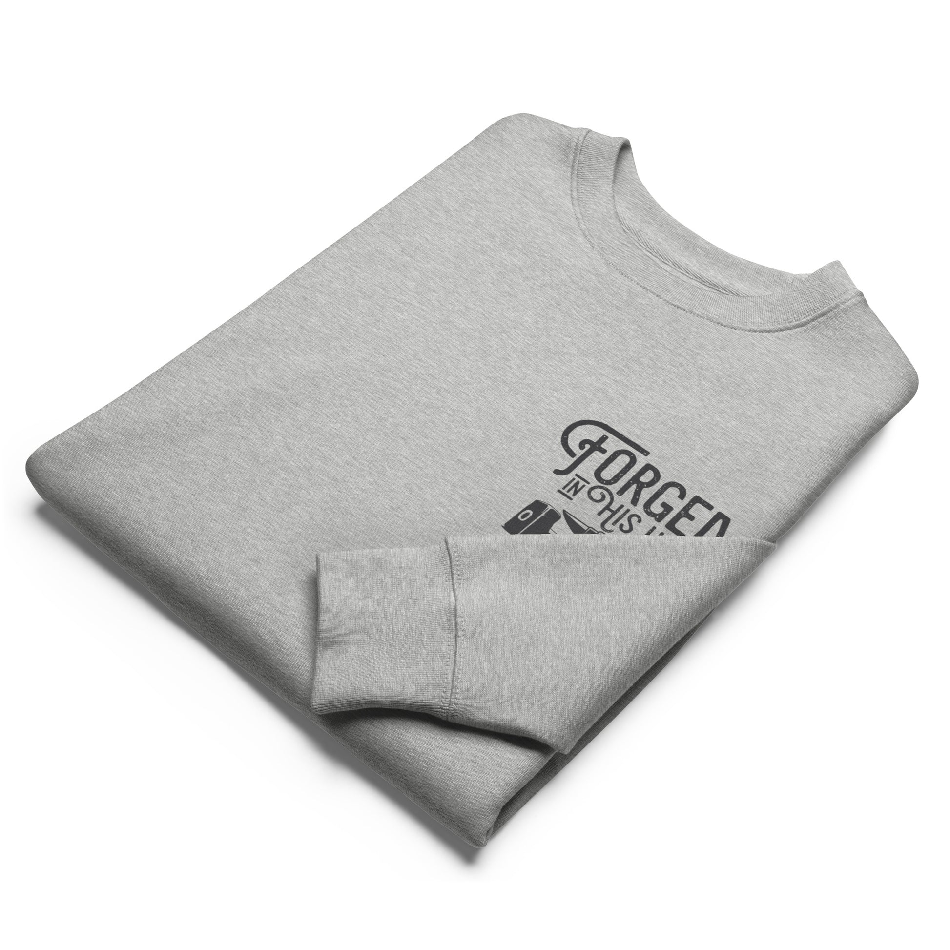 Forged in His Hands scripture sweatshirt heather grey front alternate view — Entrusted to Him