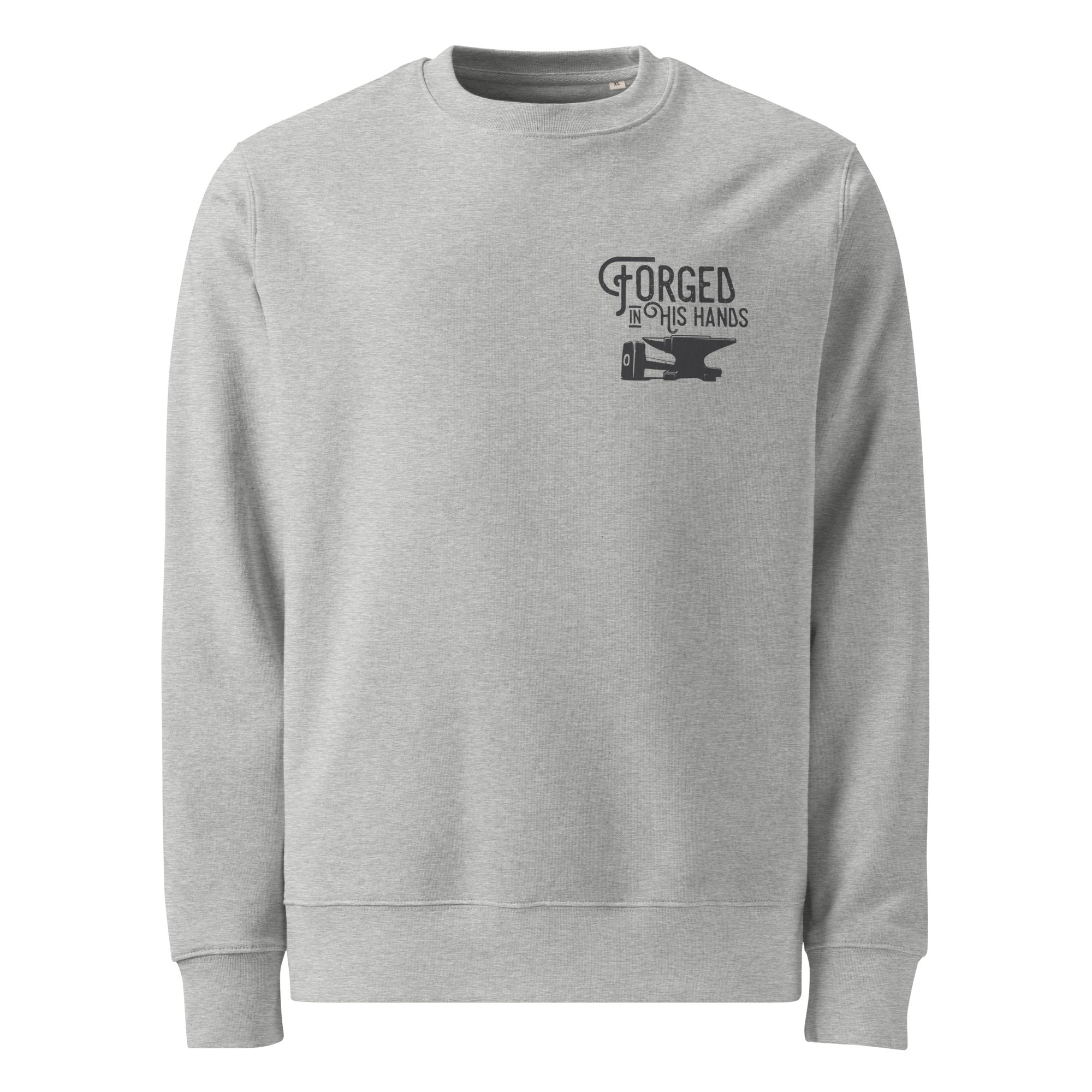 Image of Forged in His Hands Zechariah 13 Christian sweatshirt heather grey front detail view — Entrusted to Him