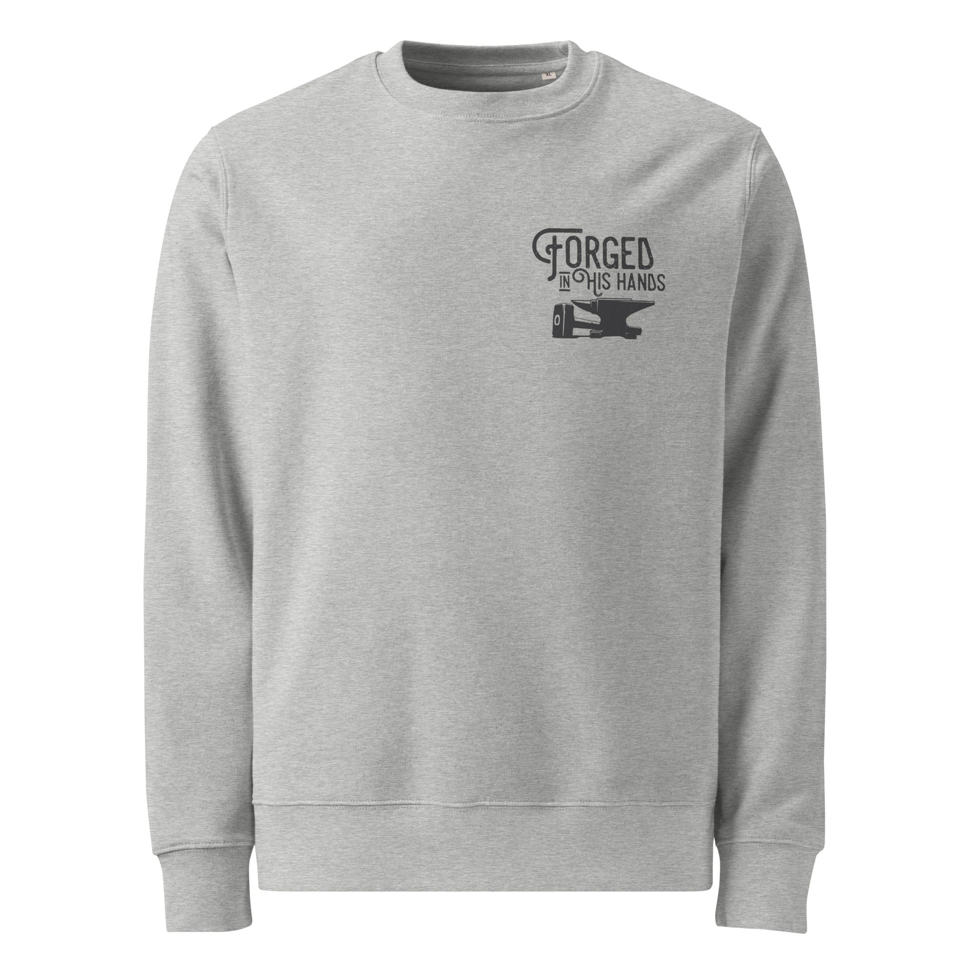 Forged in His Hands Zechariah 13 Christian sweatshirt heather grey front detail view — Entrusted to Him