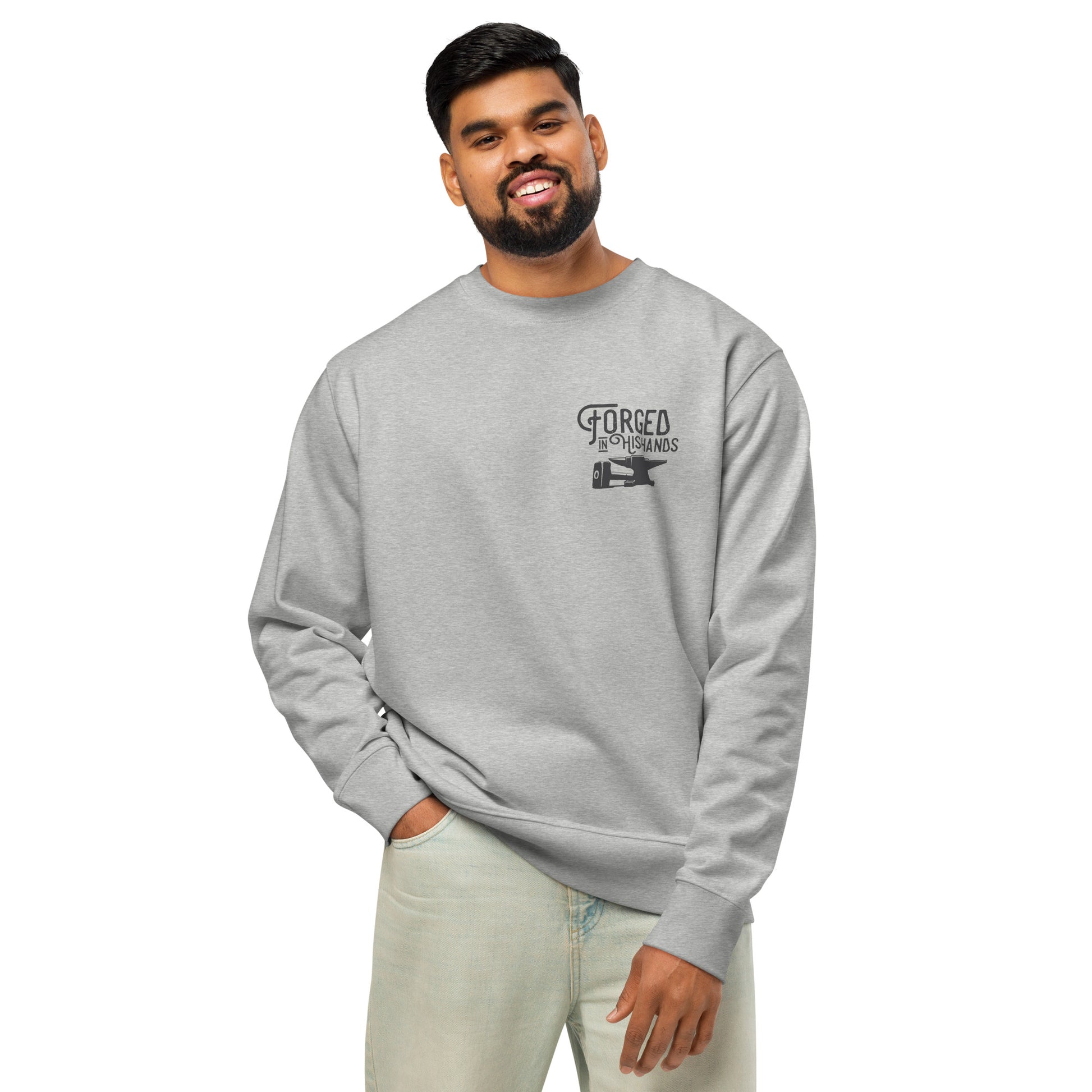 Forged in His Hands scripture sweatshirt heather grey front view — Entrusted to Him