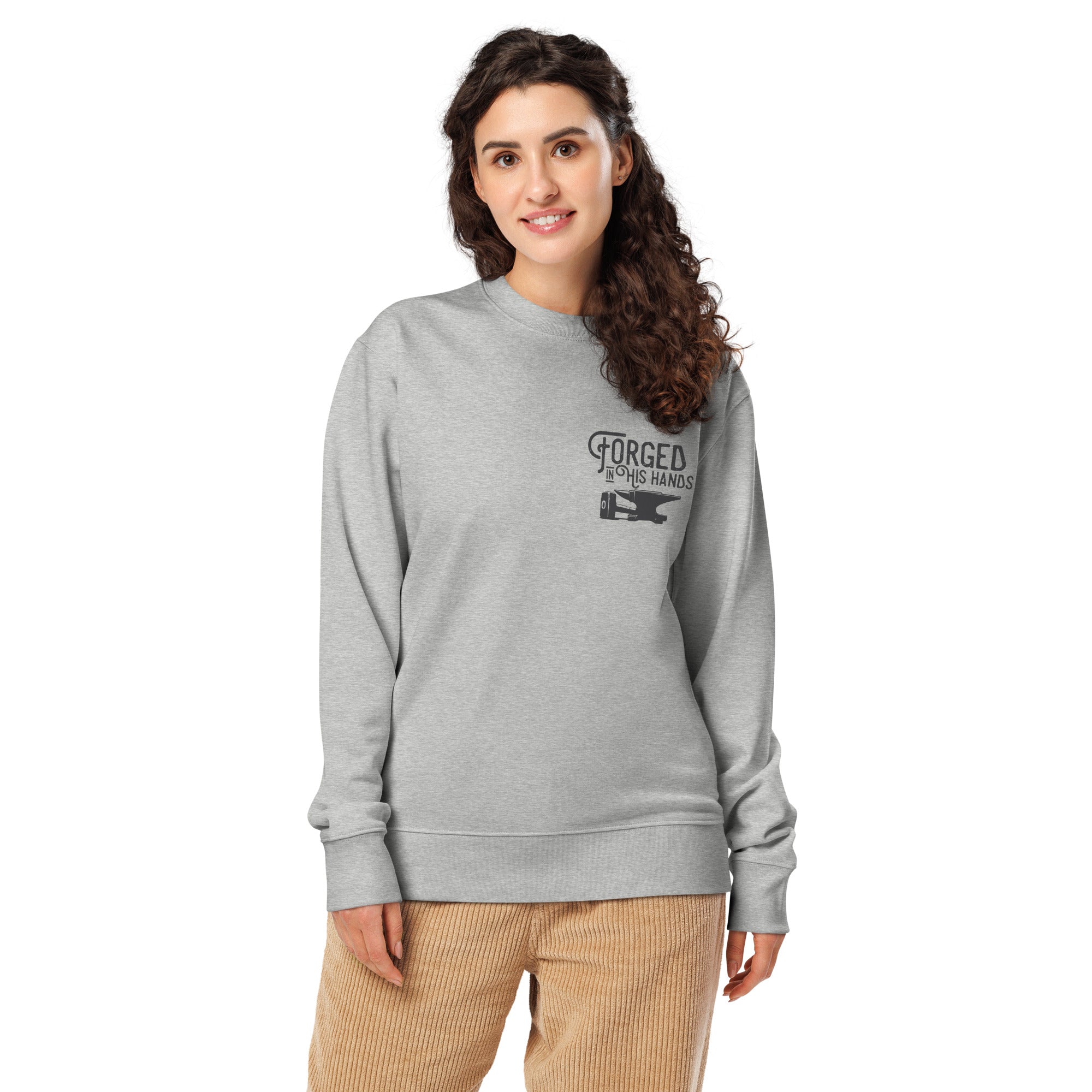 Image of Forged in His Hands Zechariah 13 scripture sweatshirt heather grey front view — Entrusted to Him