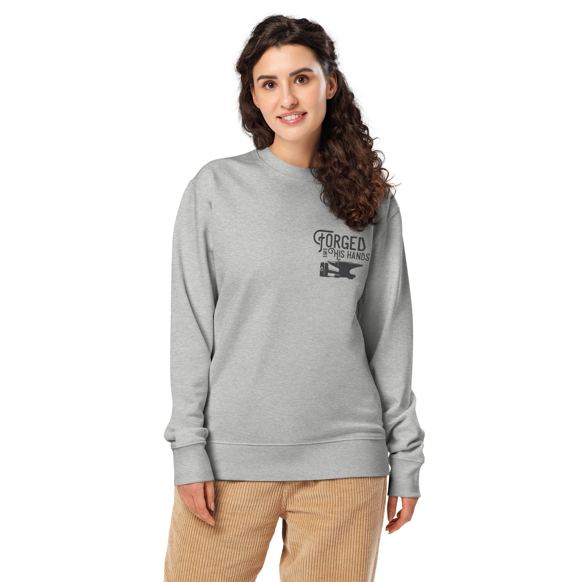 Forged in His Hands Zechariah 13 scripture sweatshirt heather grey front view — Entrusted to Him