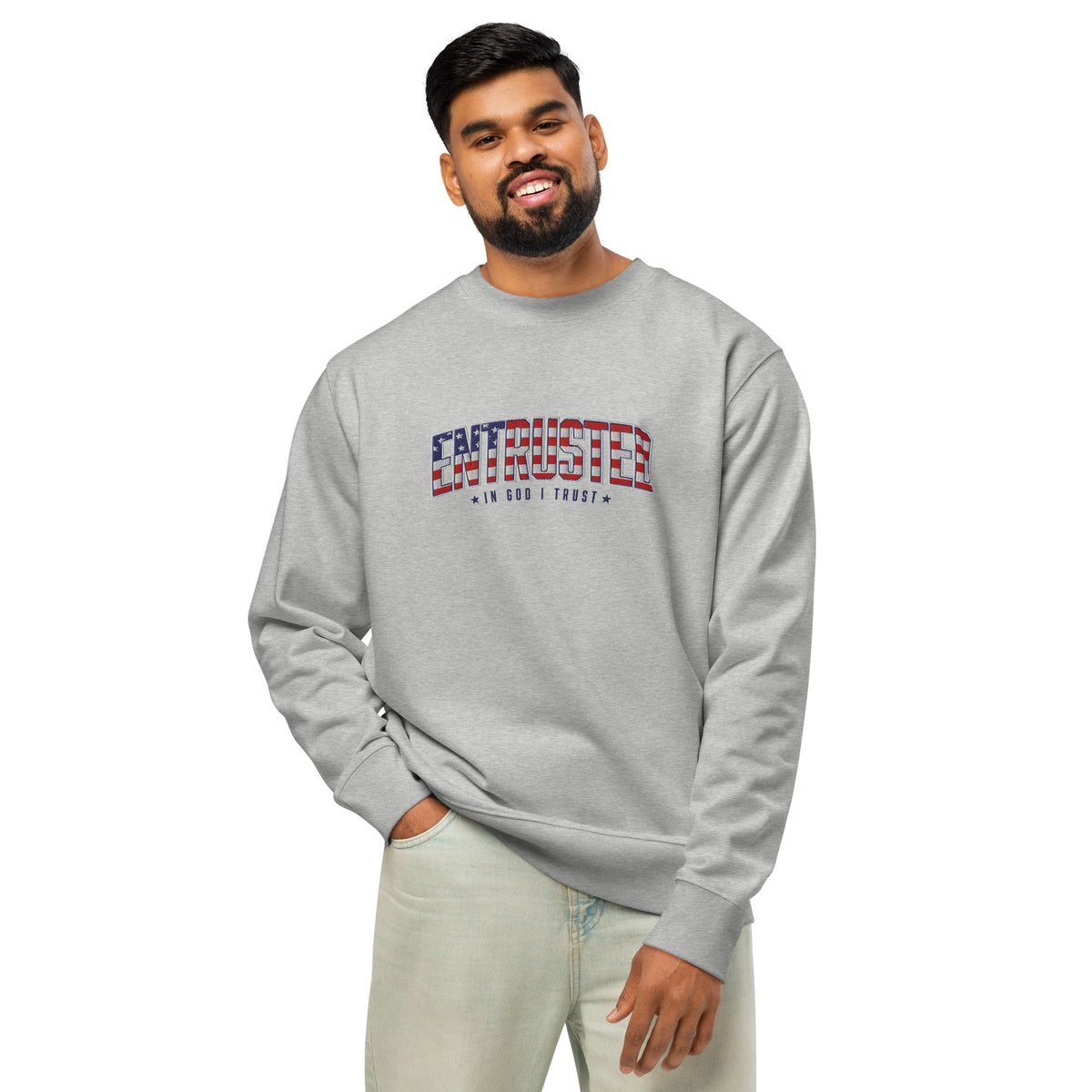 Man wearing the Heather Grey Entrusted patriotic embroidered sweatshirt with the American flag design, front view