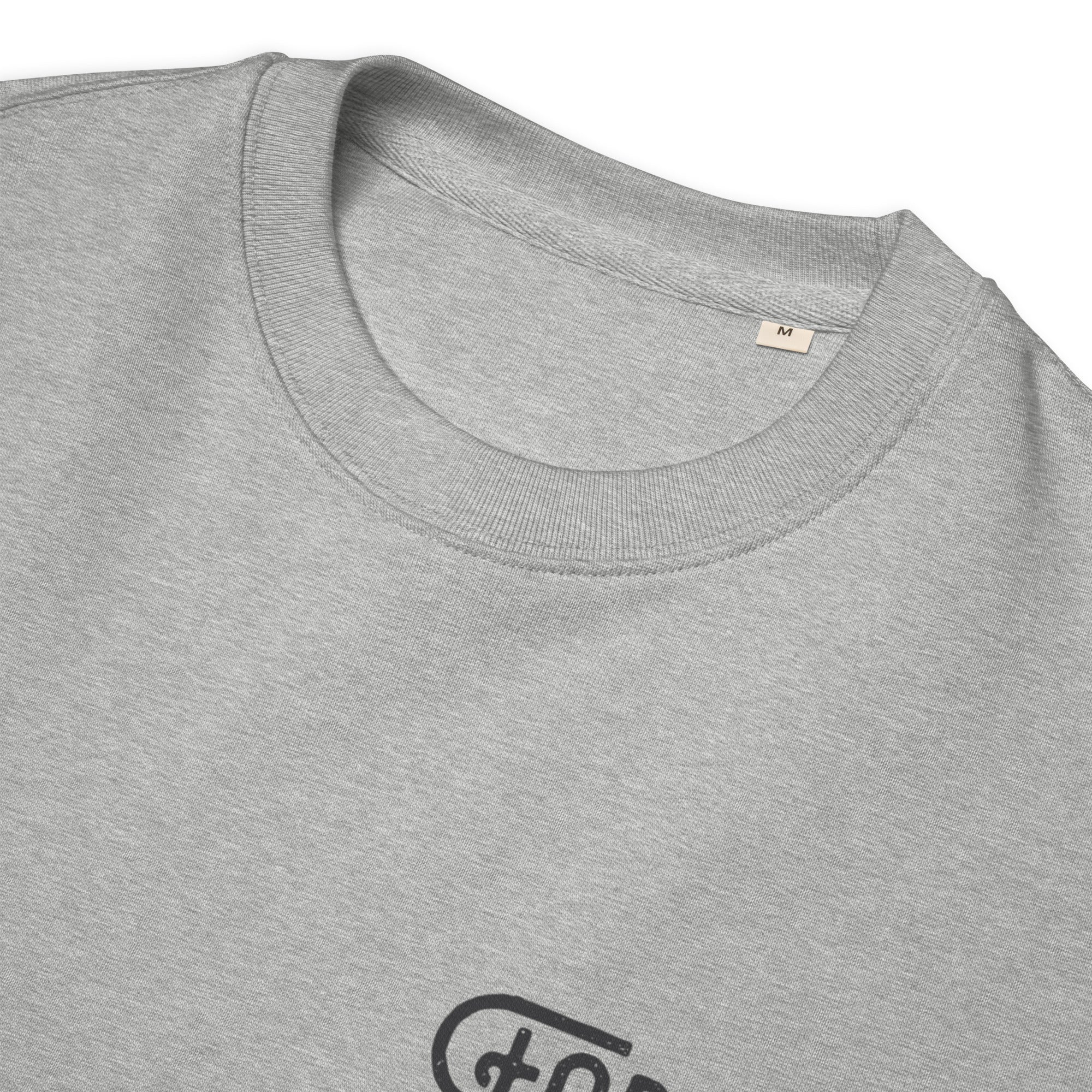 Image of Forged in His Hands Christian sweatshirt heather grey embroidery detail — Entrusted to Him