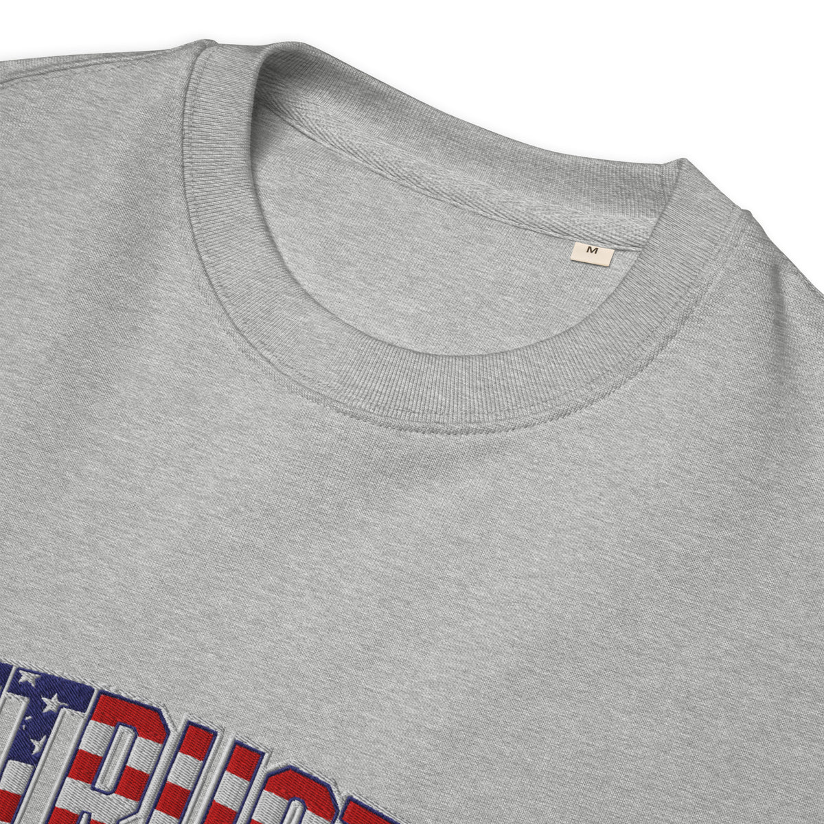 Close-up of the ribbed collar and neck label on the Heather Grey organic cotton patriotic sweatshirt