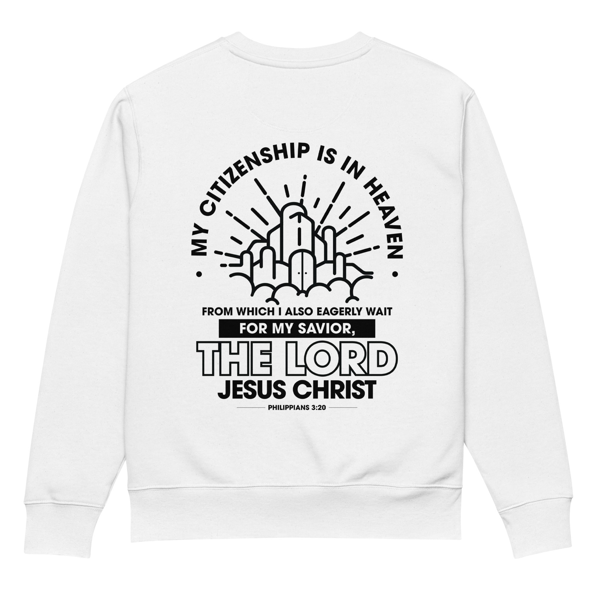 Image of Citizen of Heaven organic Christian sweatshirt white back view — Entrusted to Him