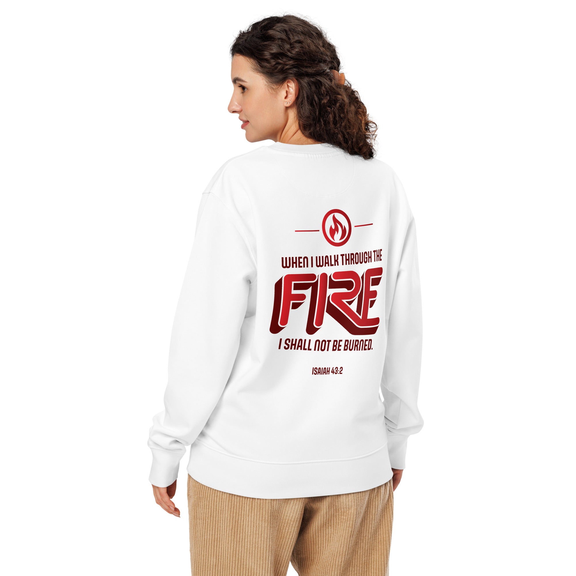 Image of Never Burn scripture sweatshirt white back alternate view — Entrusted to Him