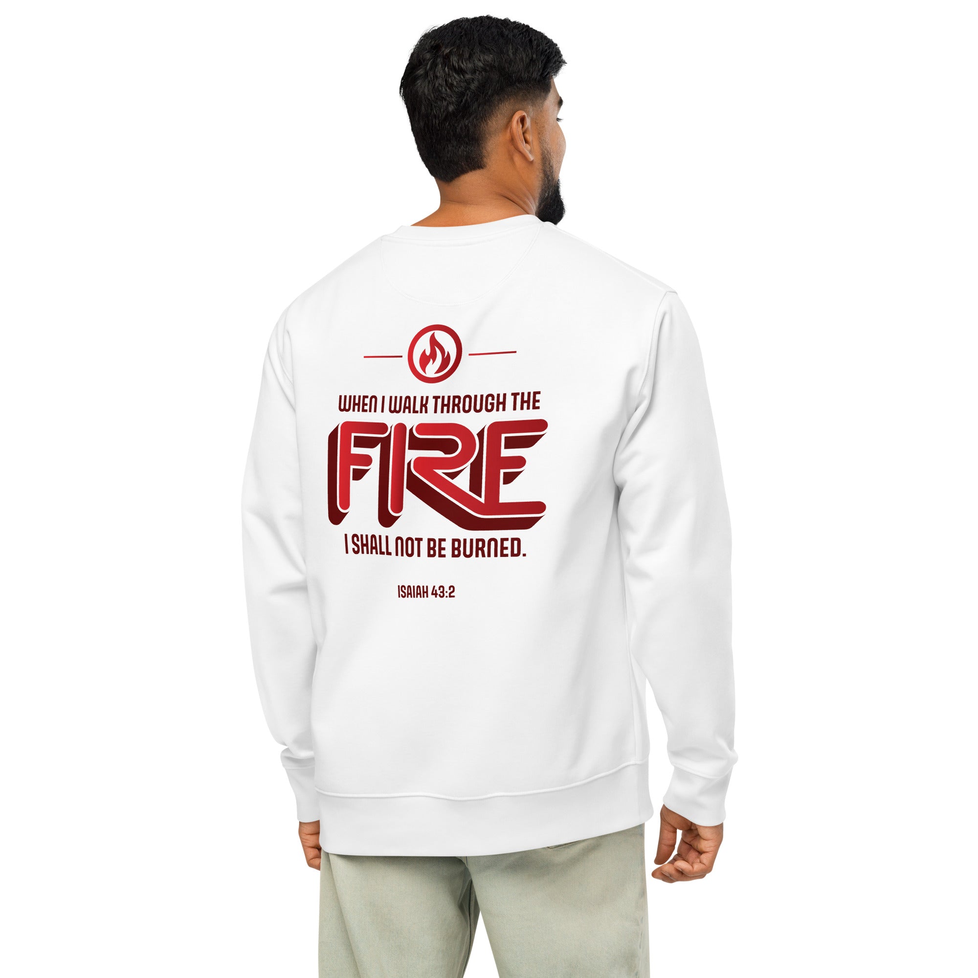 Image of Never Burn scripture sweatshirt white back detail view — Entrusted to Him