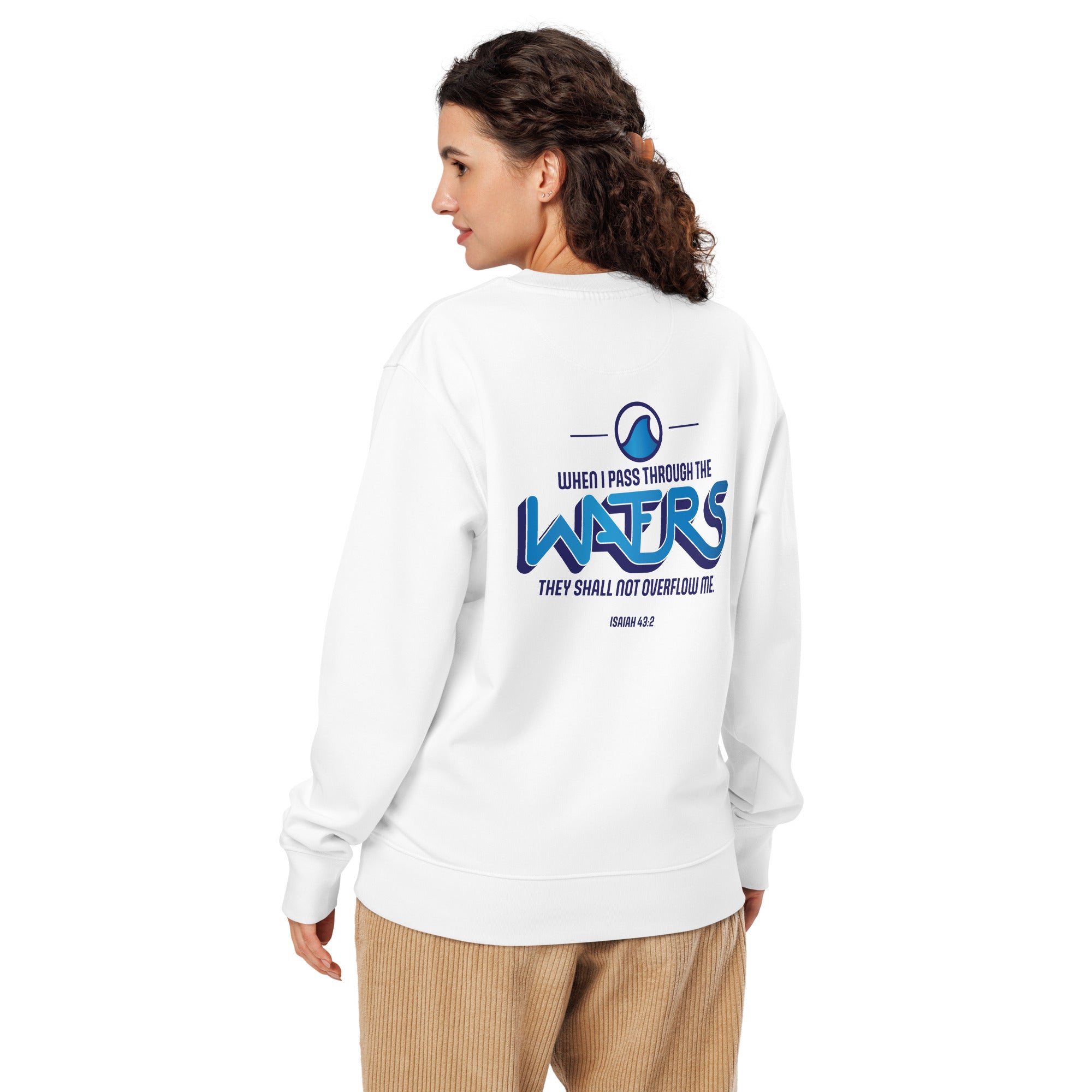 Image of Never Drowned bible verse sweatshirt white back alternate view — Entrusted to Him