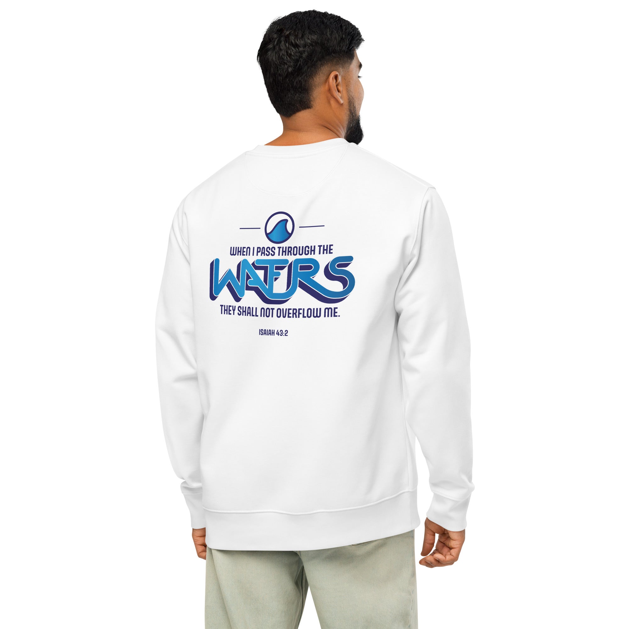 Image of Never Drowned Christian sweatshirt white back close-up — Entrusted to Him