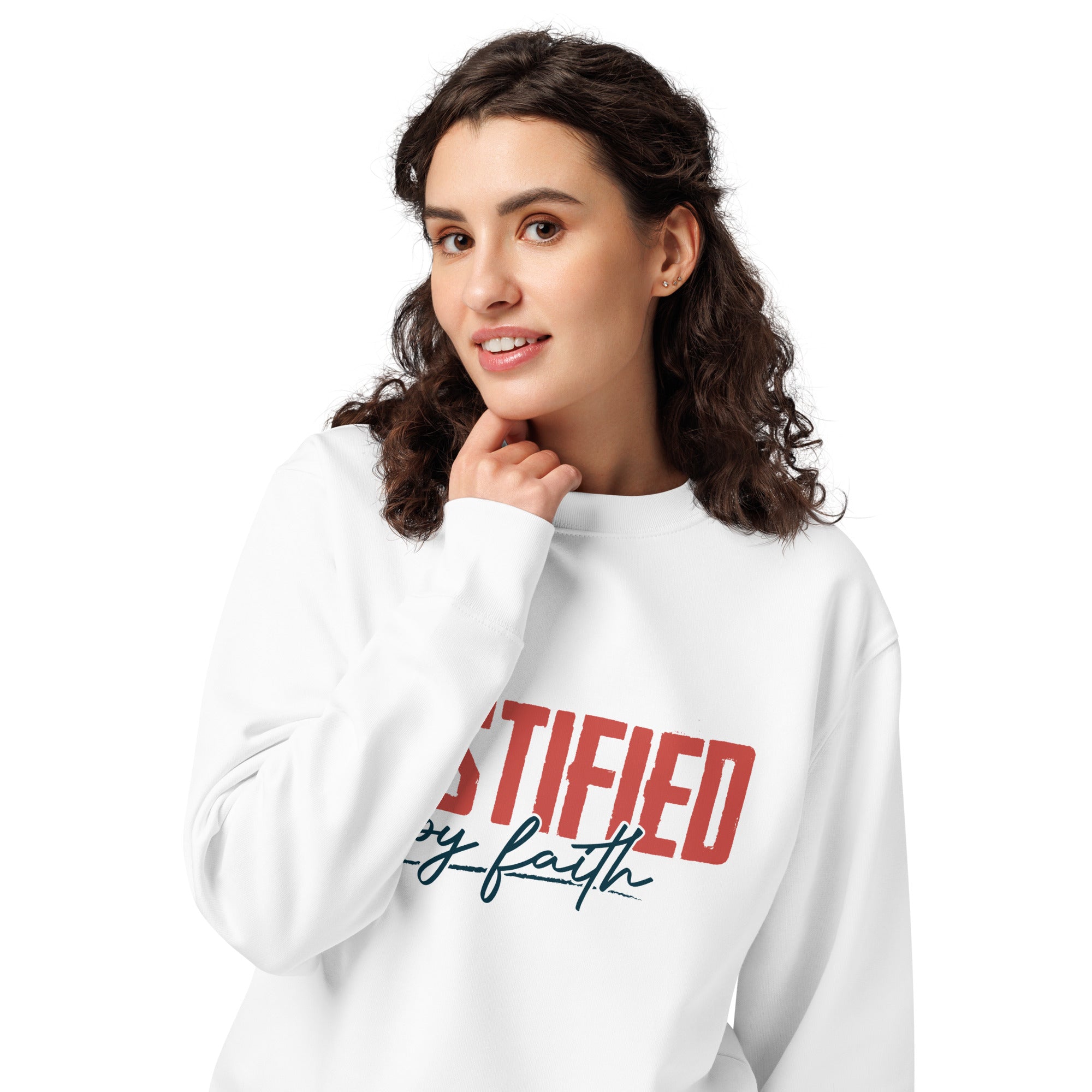 Image of Justified by Faith Romans 5 scripture sweatshirt white lifestyle view — Entrusted to Him