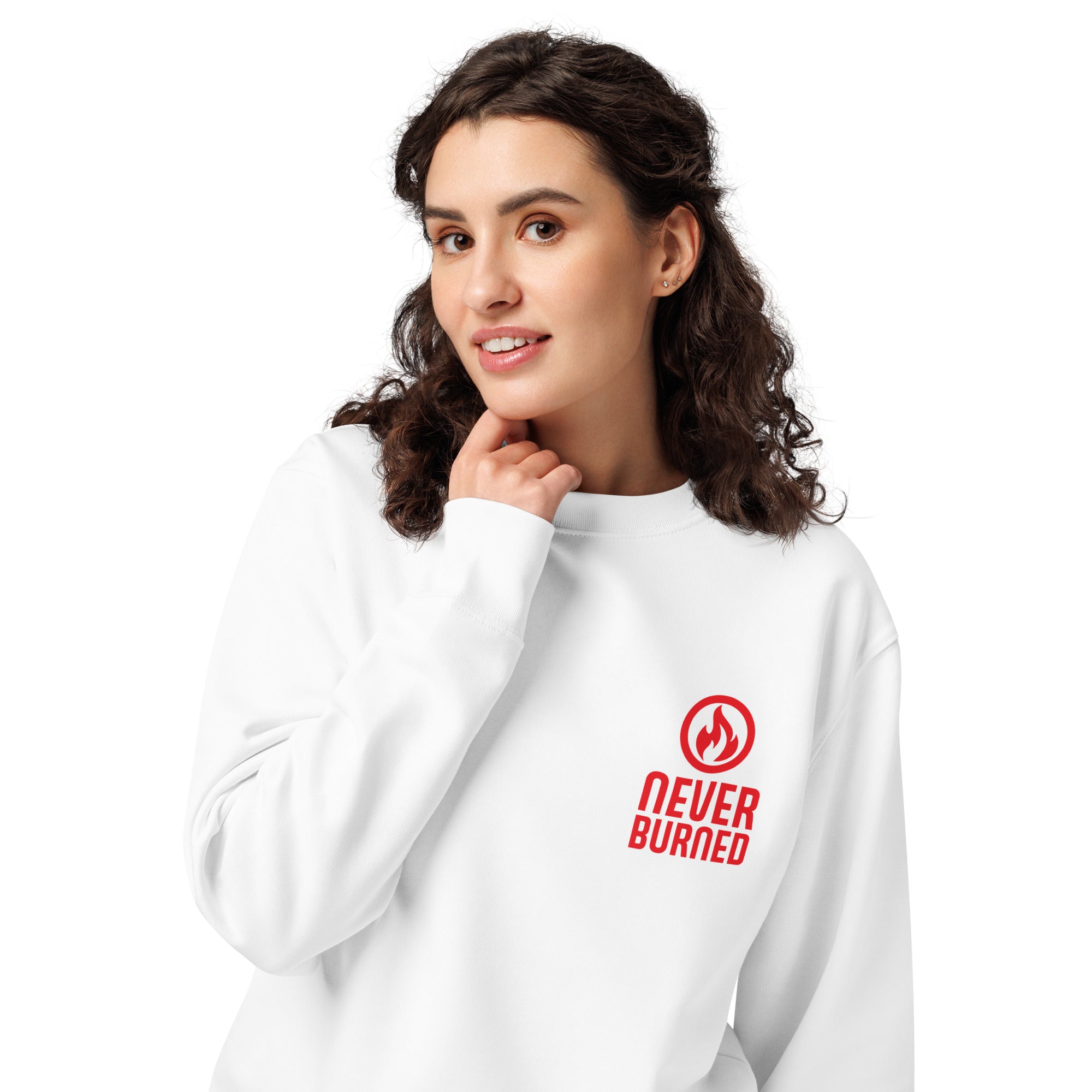 Image of Never Burn Christian sweatshirt white front alternate view — Entrusted to Him