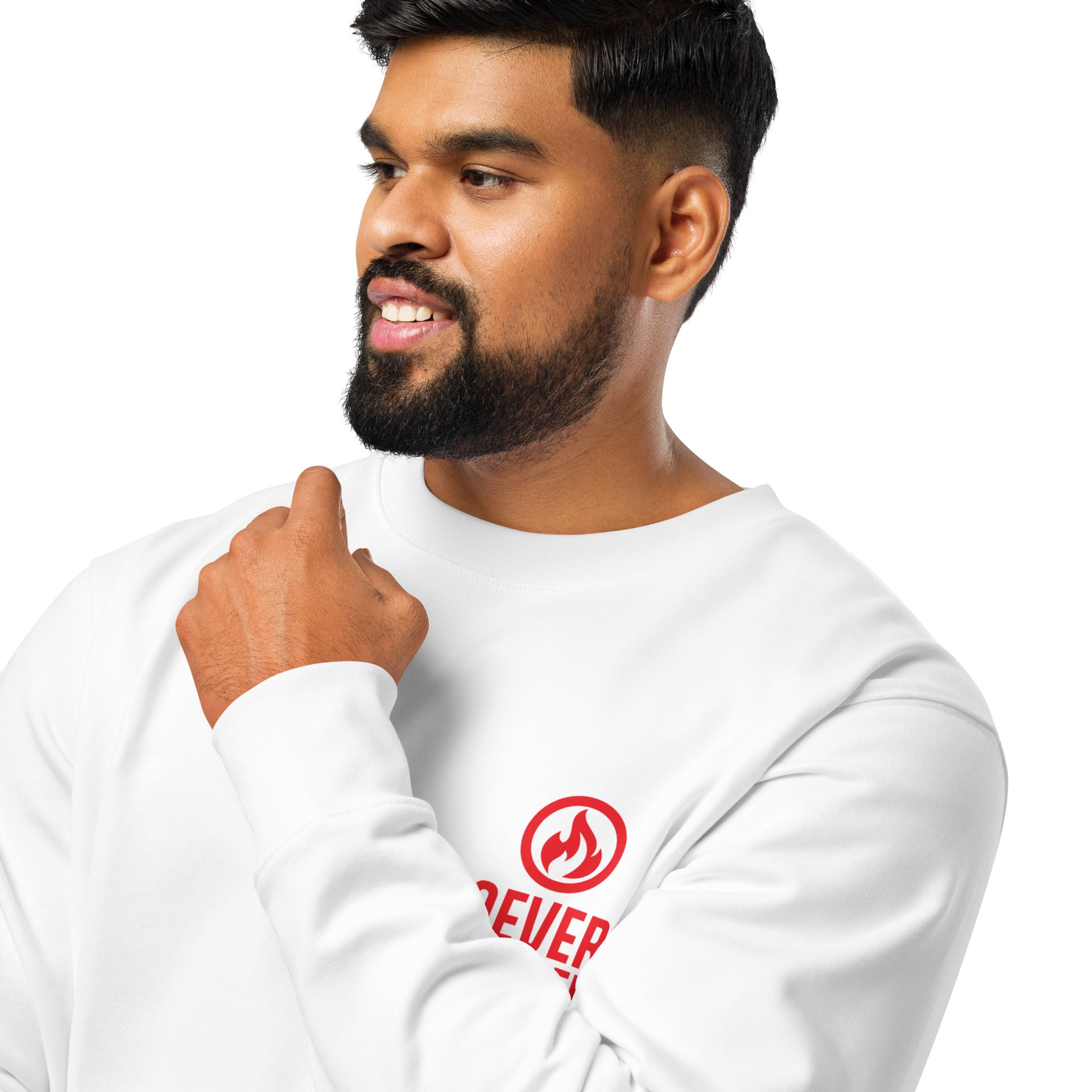 Image of Never Burn Isaiah 43 Christian sweatshirt white front detail view — Entrusted to Him