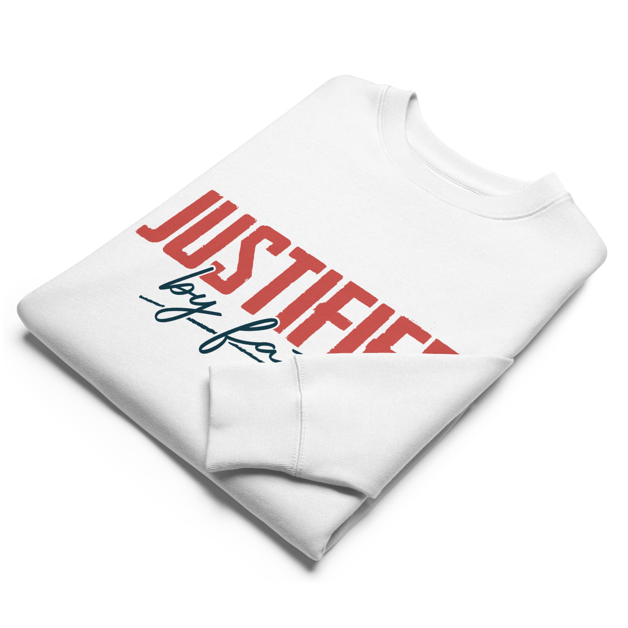 Image of Justified by Faith Christian sweatshirt white front alternate view — Entrusted to Him