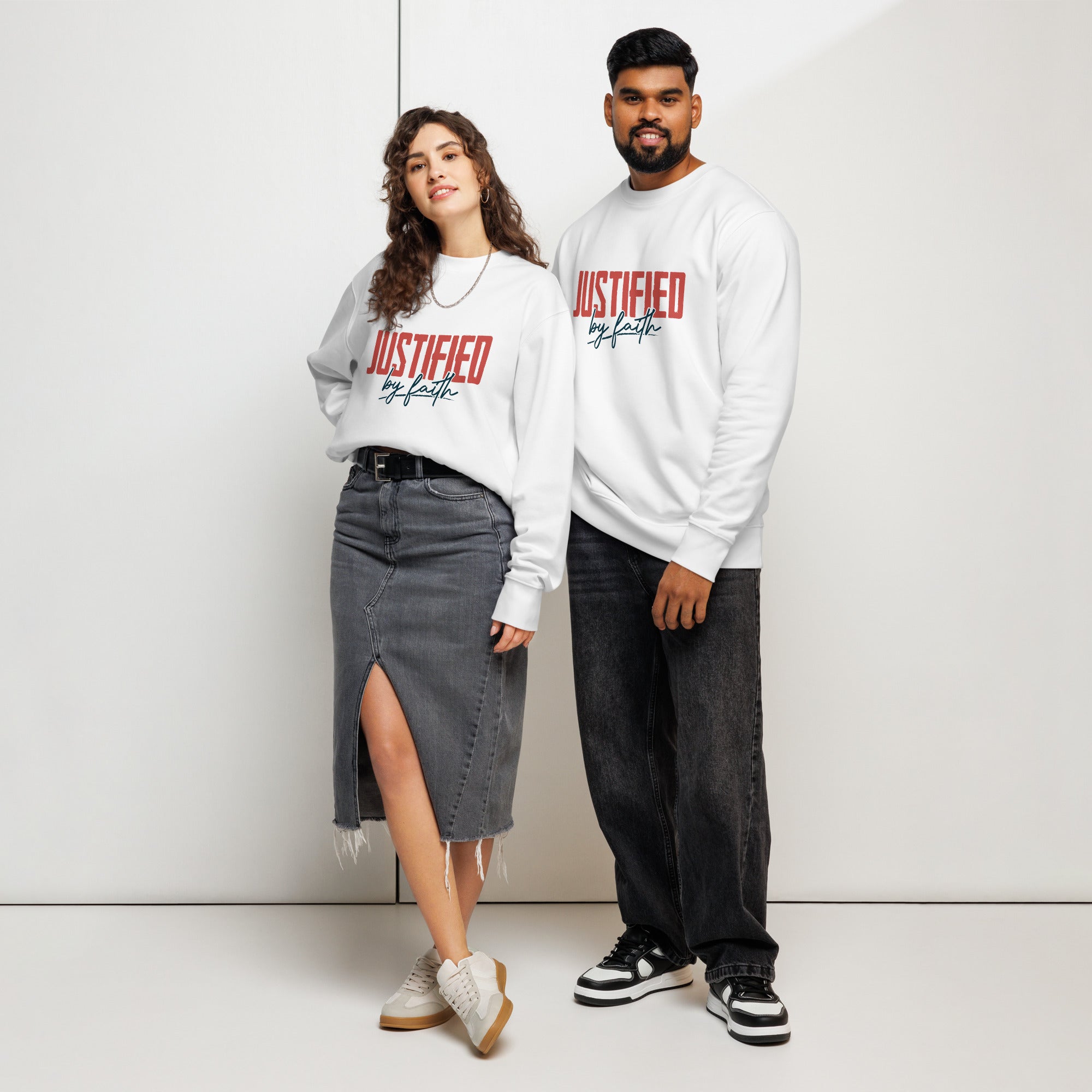 Image of Justified by Faith Romans 5 scripture sweatshirt white front view — Entrusted to Him